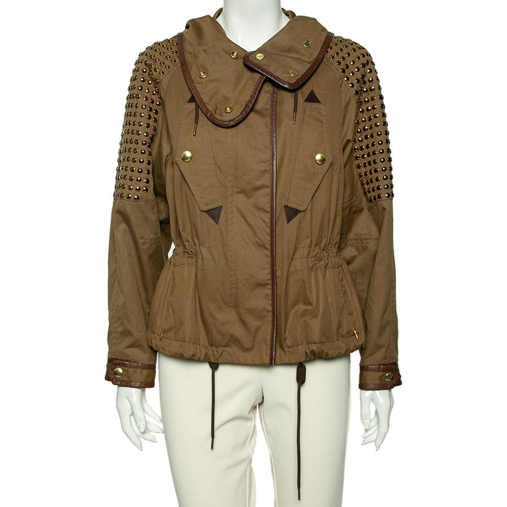 Pre Owned جاكيت بهودي بربري قطن بني كاكي مزخرف مرصع مقاس وسط ( ميديوم )