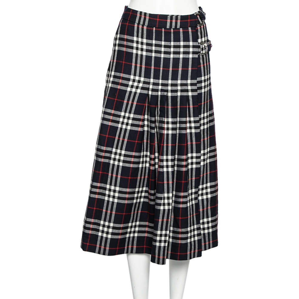 Burberry Navy Blue Checkered Wool Pleated Midi Wrap Skirt S Burberry ...