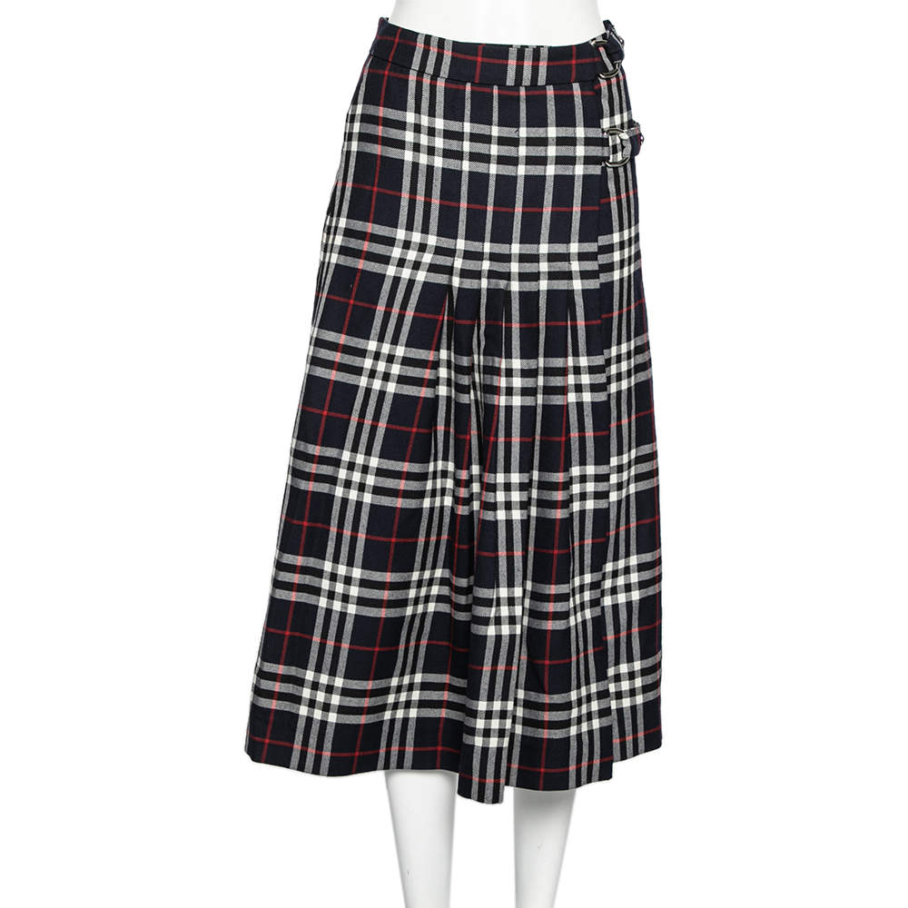 Pre Owned Burberry Navy Blue Checkered Wool Pleated Midi Wrap Skirt S