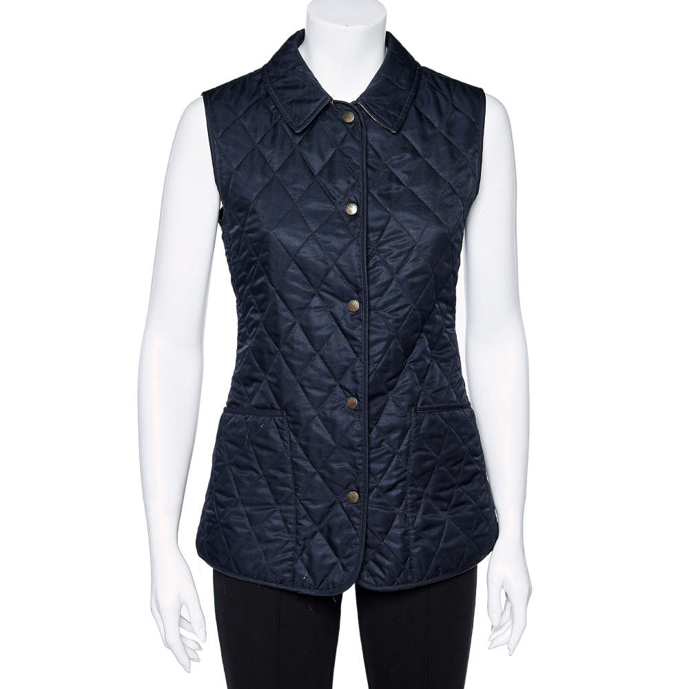 Pre Owned Burberry Vintage Navy Blue Quilted Sleeveless Button Front Jacket M