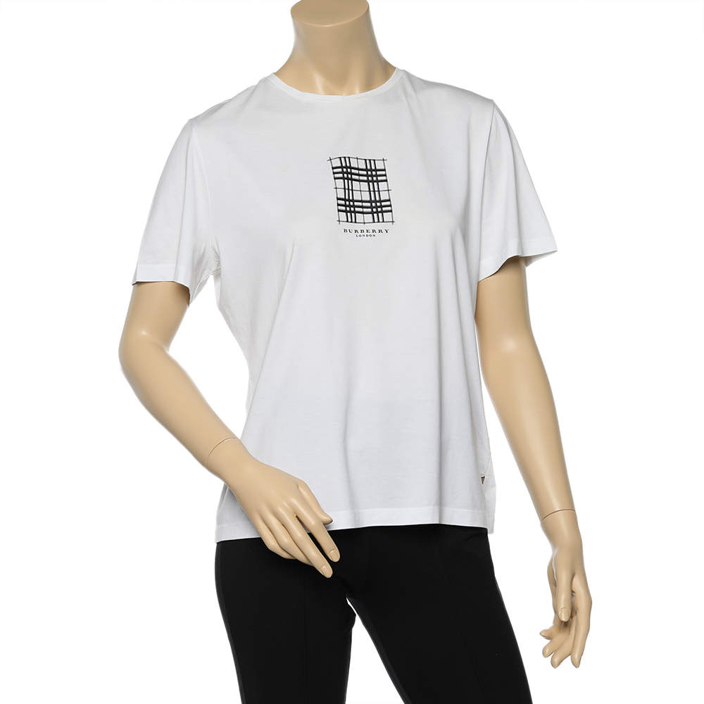 مملوكة مسبقًا Burberry White Check Printed Cotton Round Neck T-Shirt L