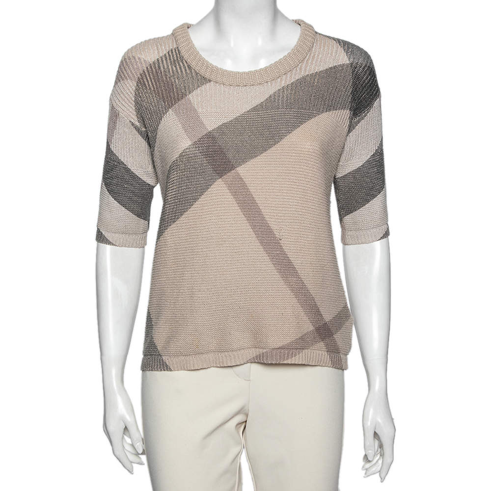 Pre Owned Burberry Brit Beige Housecheck Knit Crew Neck Short Sleeve Top M