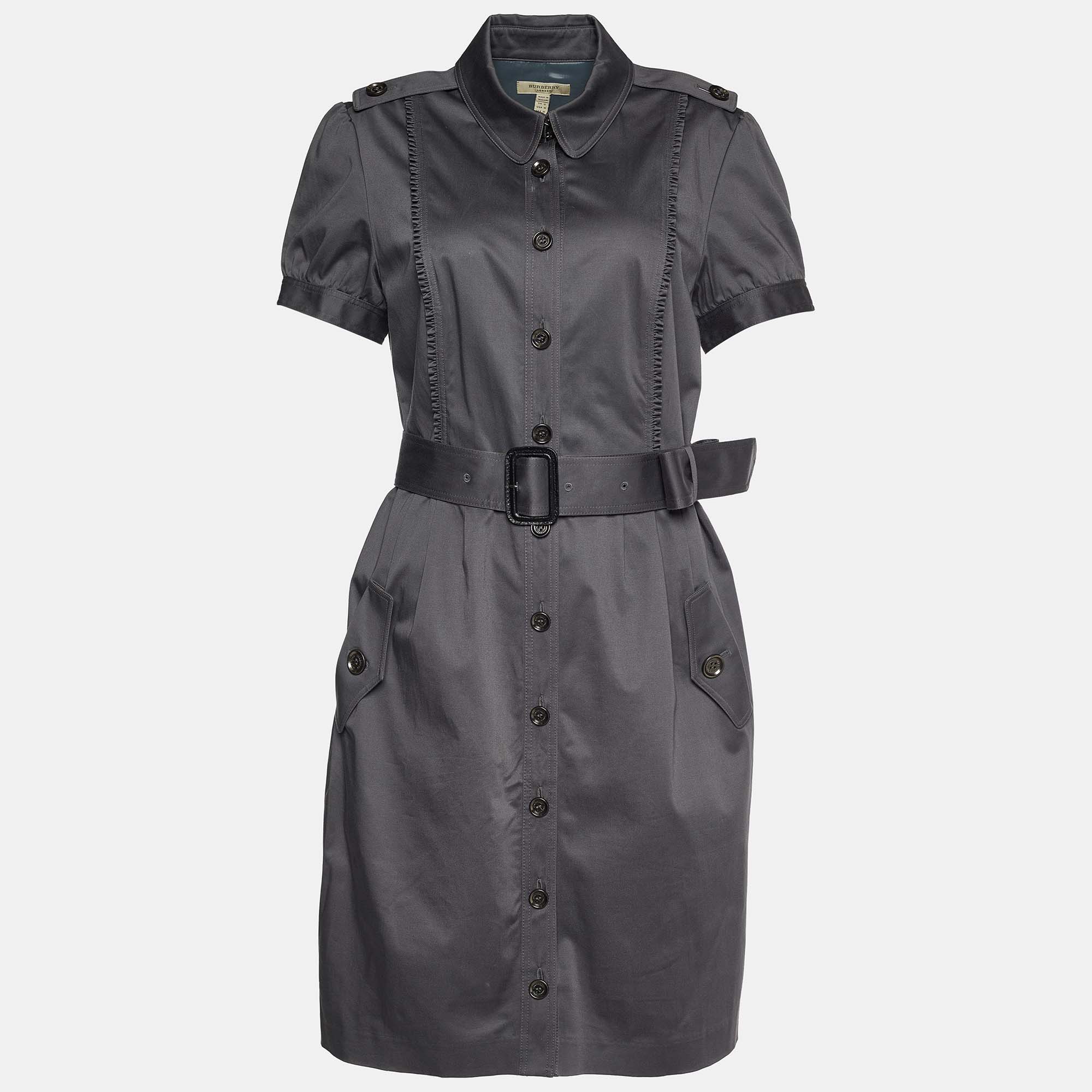 Pre Owned Burberry Grey Cotton Short Sleeve Button Front Shirt Dress M