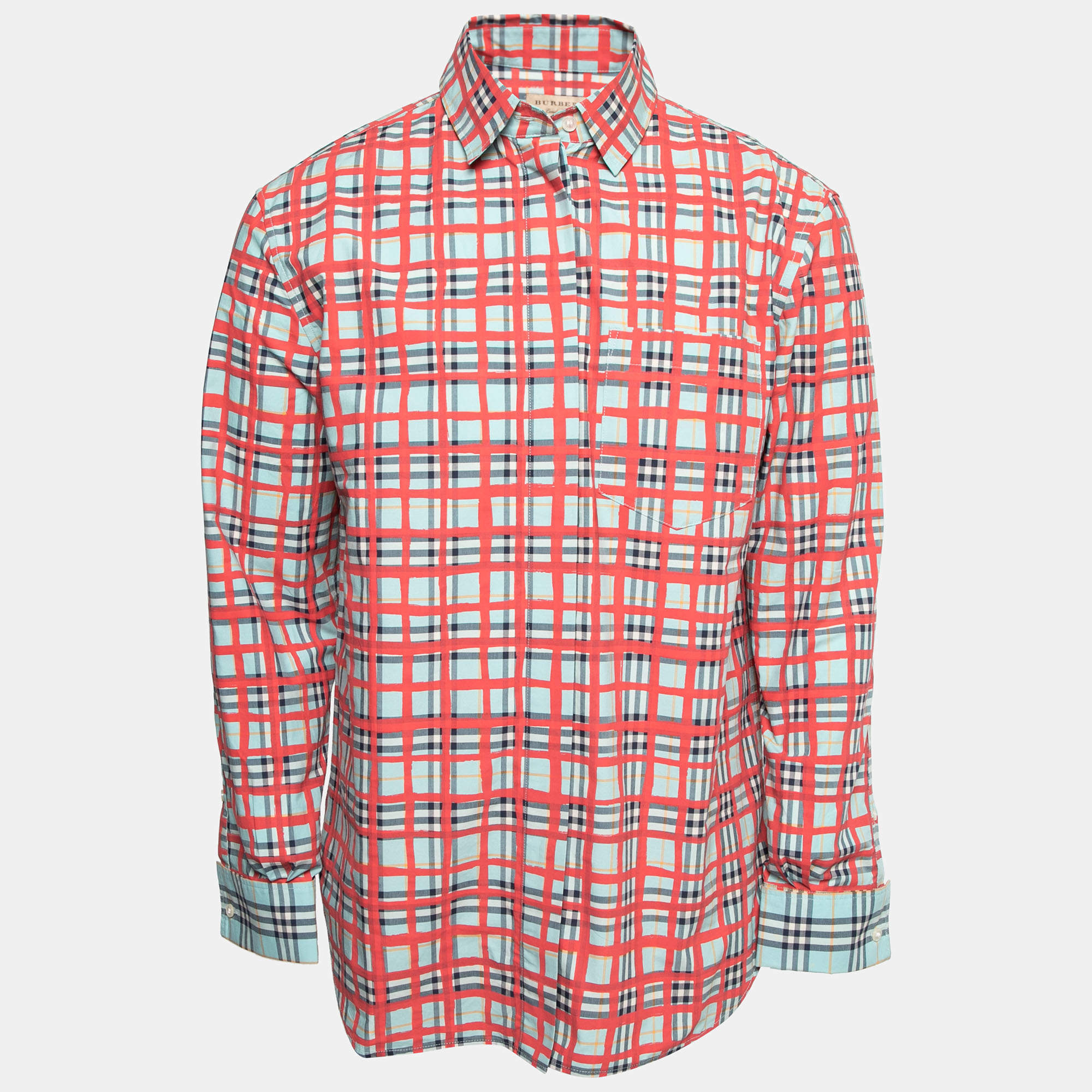 Pre Owned قميص بربري قطن كاروهات بنقشة سيرشا  أحمر وأزرق بأزرار أمامية مقاس كبير - لارج