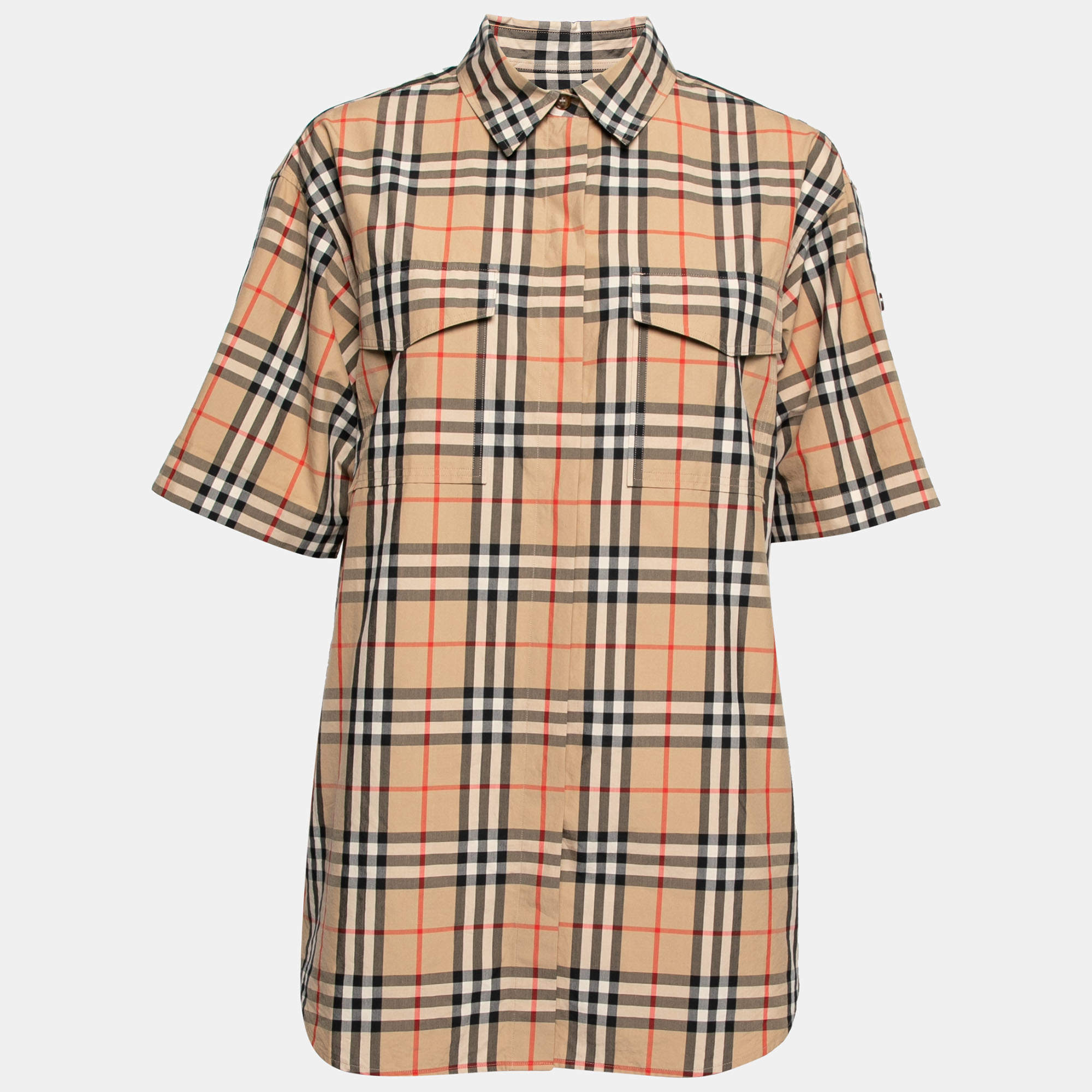 مملوكة مسبقًا Burberry Beige Checked Cotton Short Sleeve Oversized Shirt S