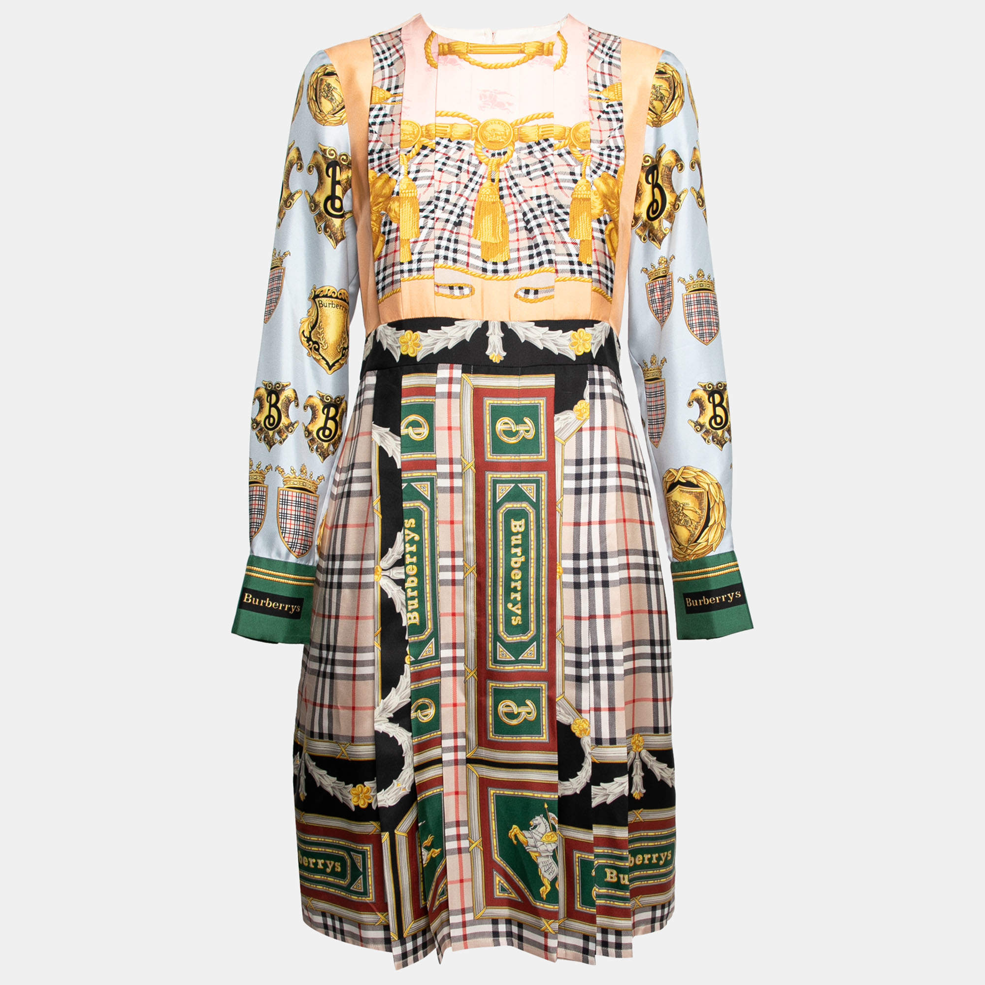 Pre Owned Burberry Multicolor Scarf Print Silk Pleated Long Sleeve Midi Dress M