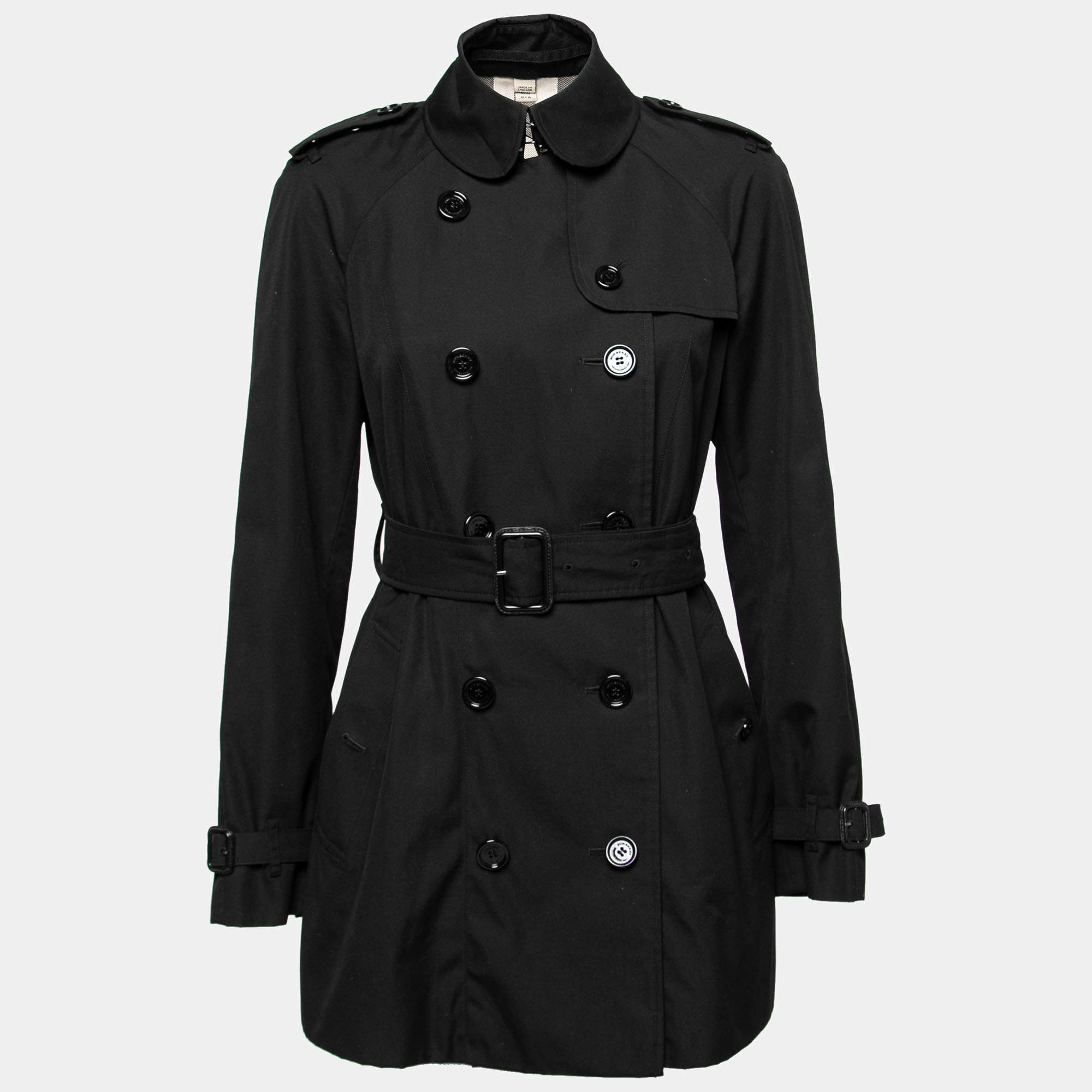 Pre Owned Burberry Black Gabardine Double Breasted Belted Trench Coat S