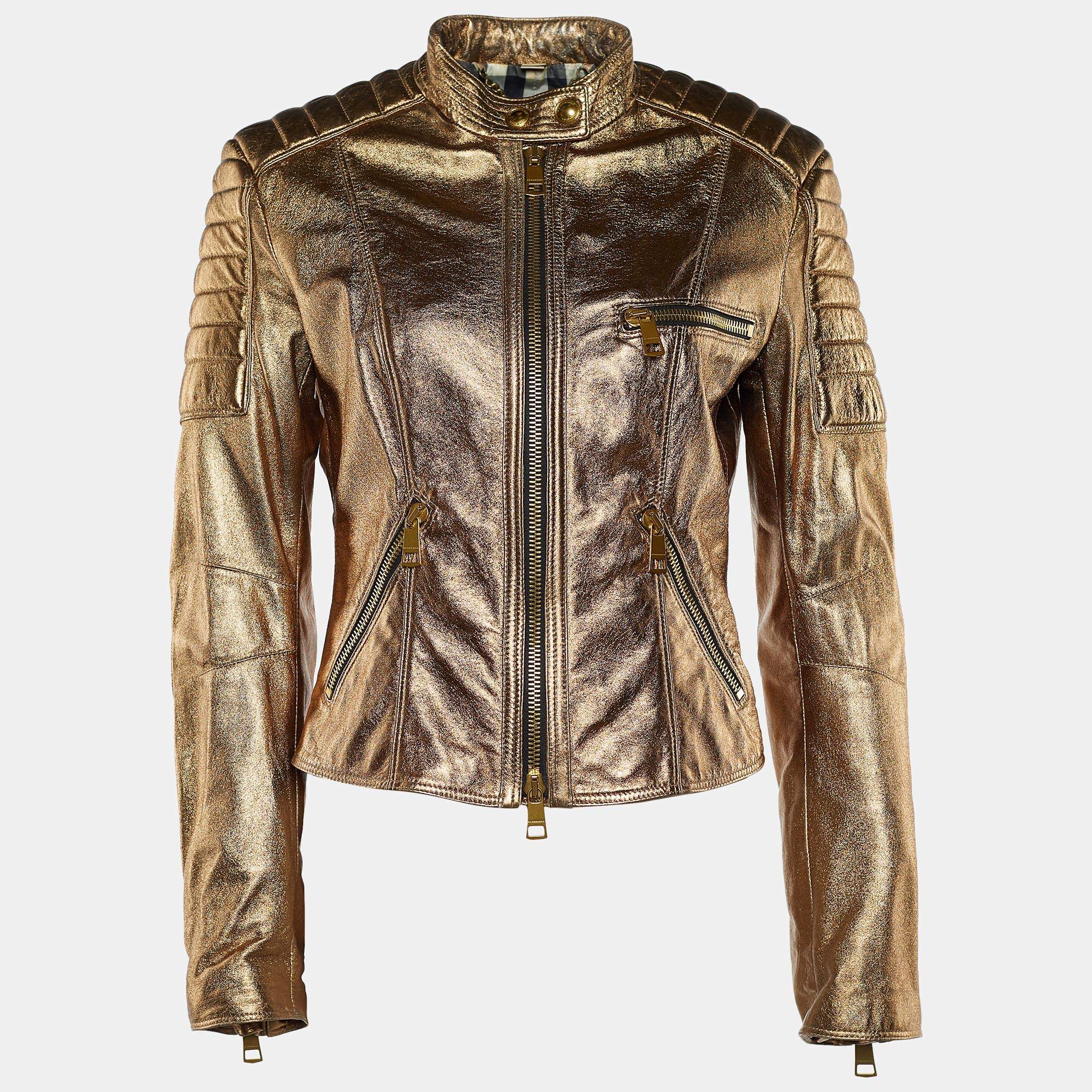 Pre Owned جاكيت بربري جلد ميتالك ذهبي بسحاب أمامي مقاس وسط ( ميديوم )