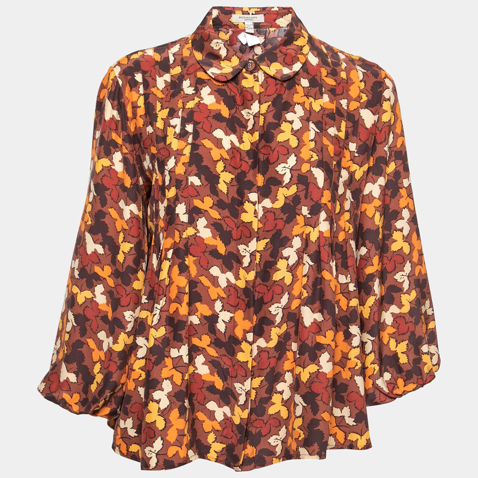 Burberry Brown Leaves Print Silk Button Front Blouse M