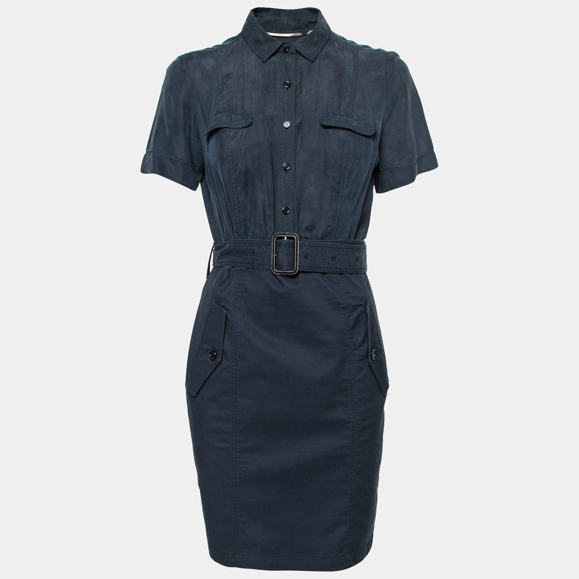 Pre Owned  Burberry Brit Navy Blue Belted Cotton Shirt Dress S