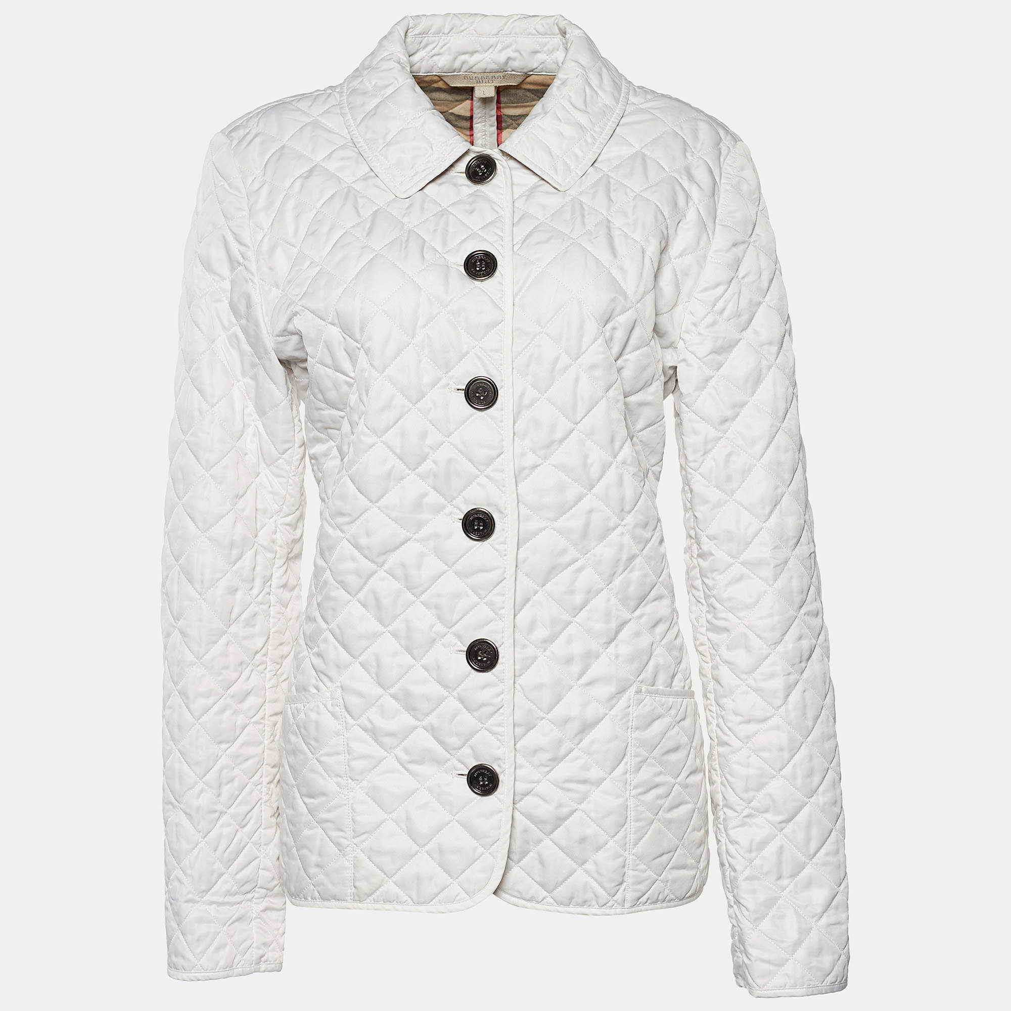 Pre Owned Burberry Brit White Quilted Button Front Jacket L 