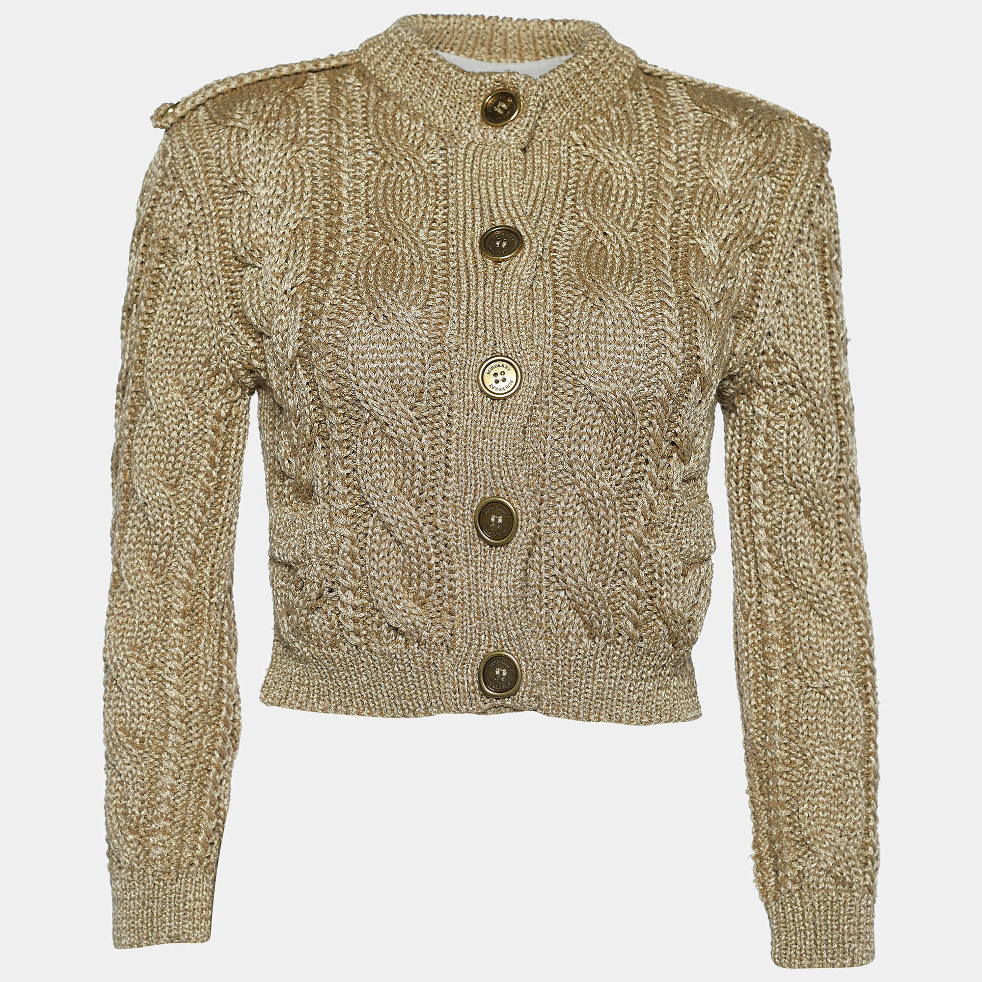 Pre Owned Burberry Gold Cable Knit Cropped Cardigan M