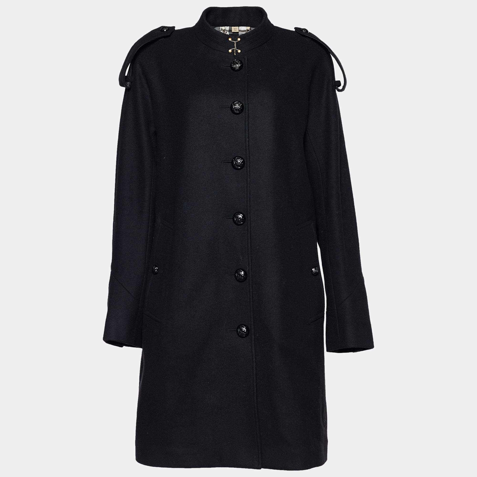 Pre Owned Burberry Black Wool Dawsmere Button Front Coat L