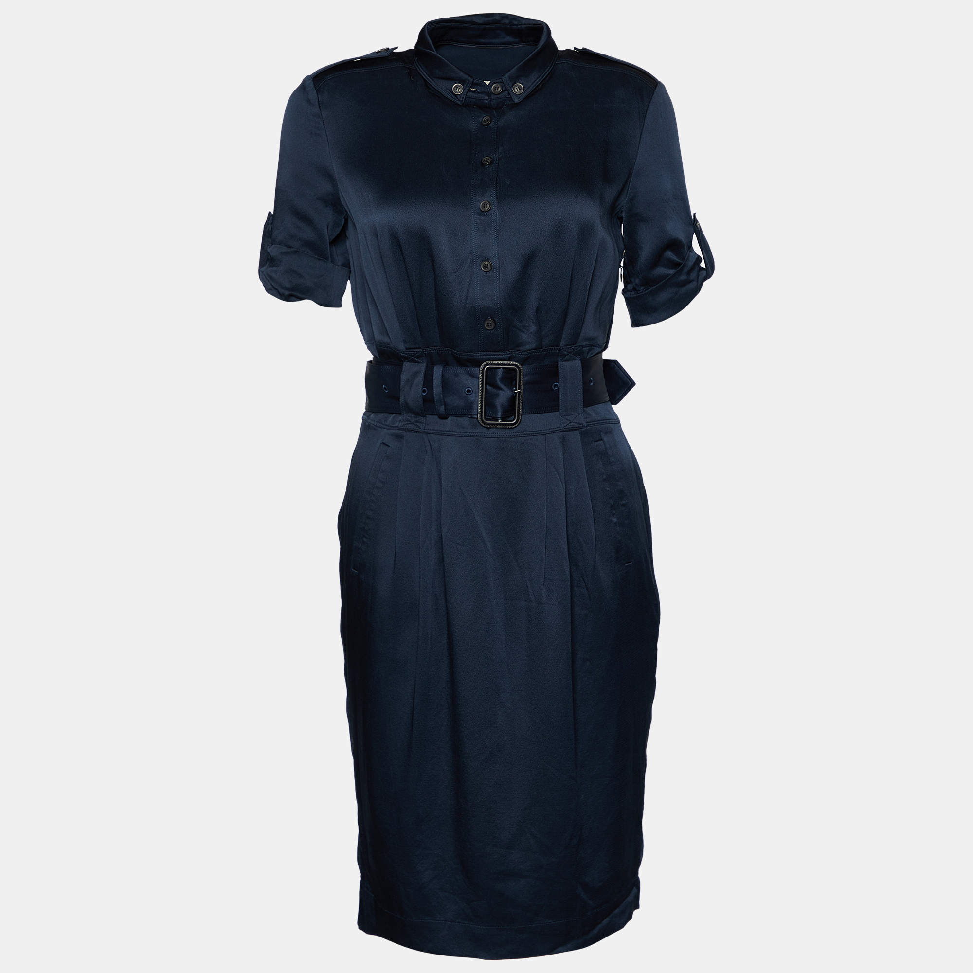 Pre Owned Burberry Navy Blue Silk Satin Belted Midi Dress S