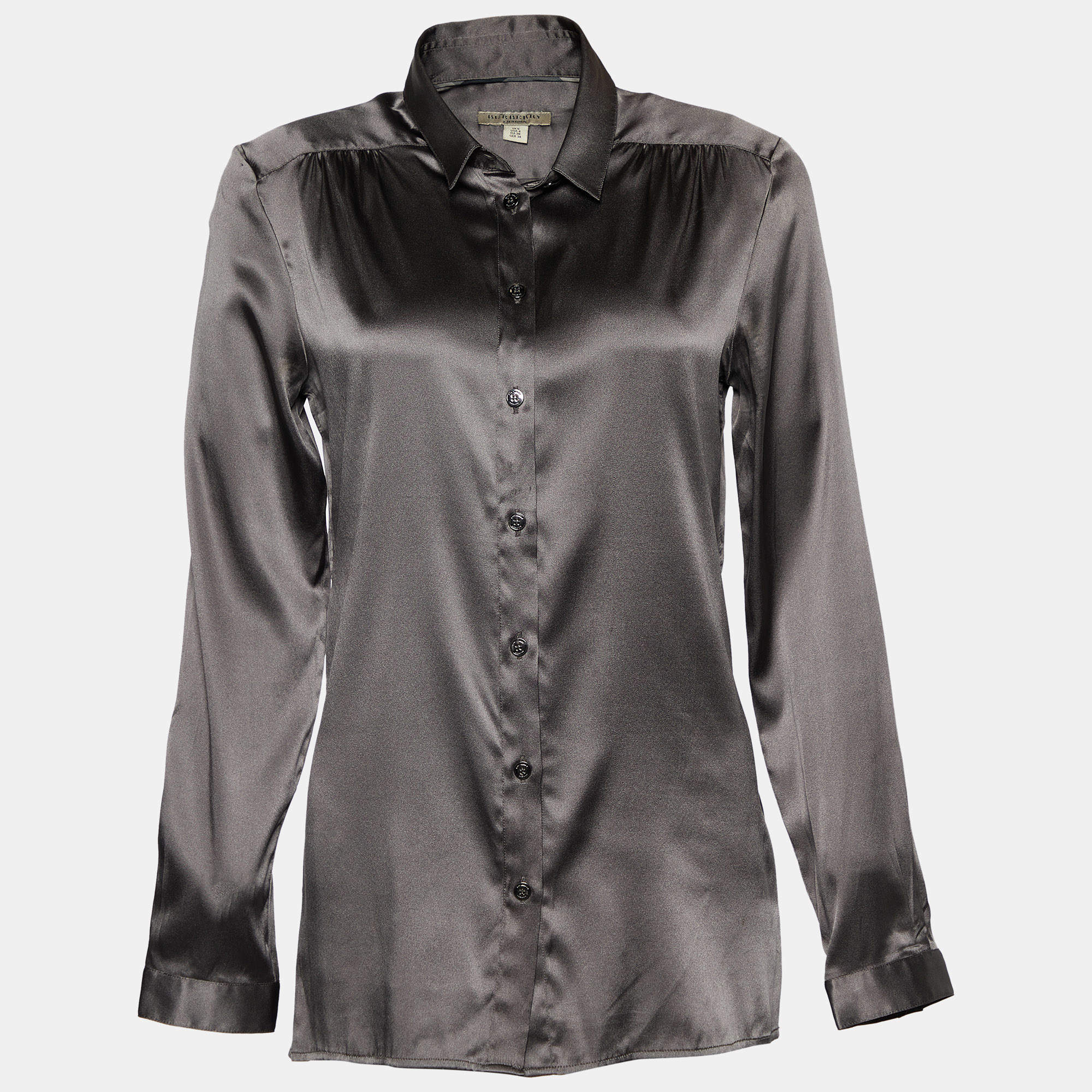 Pre Owned Burberry Grey Silk Satin Button Front Shirt S
