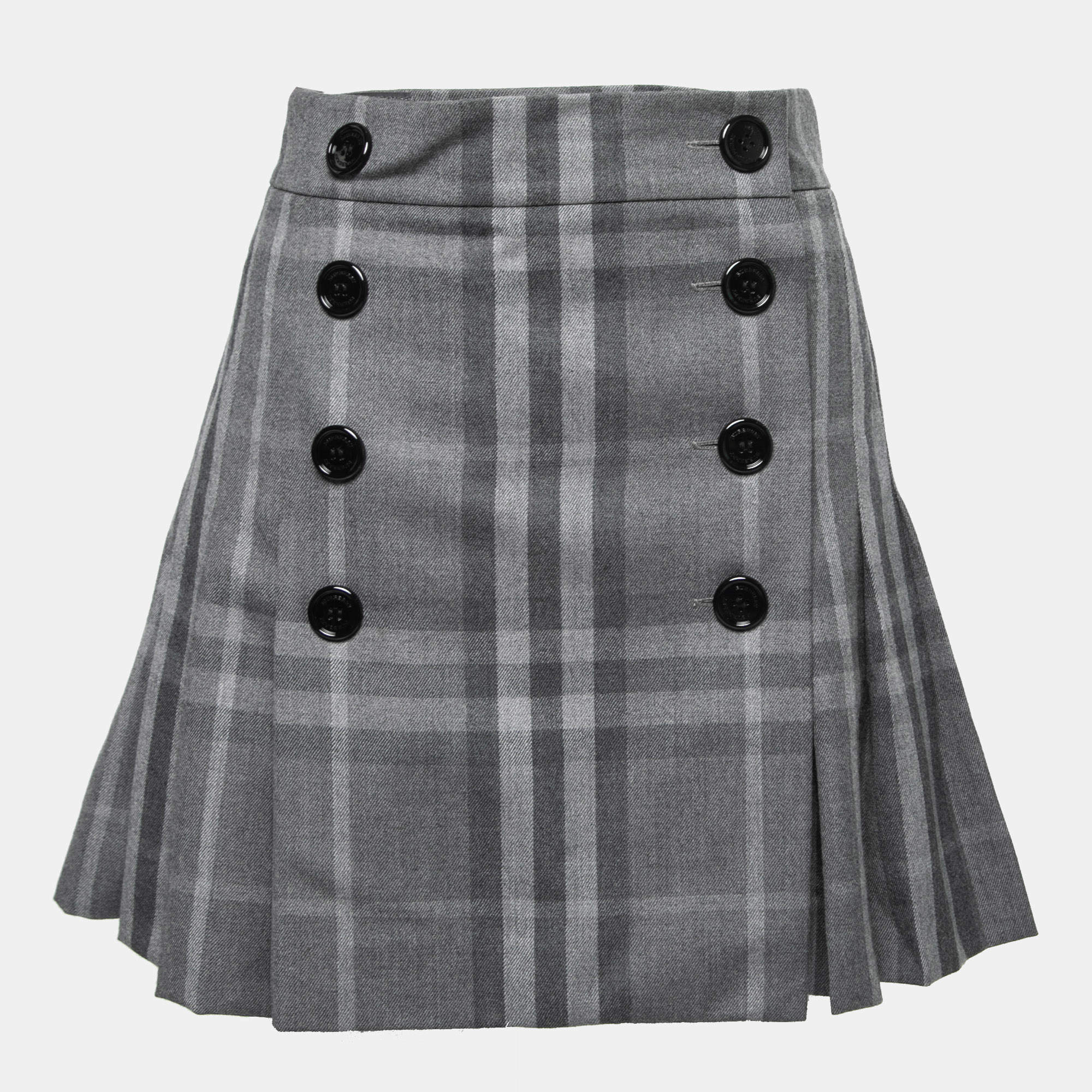 Pre Owned Burberry Grey Checked Wool Pleated Mini Skirt S