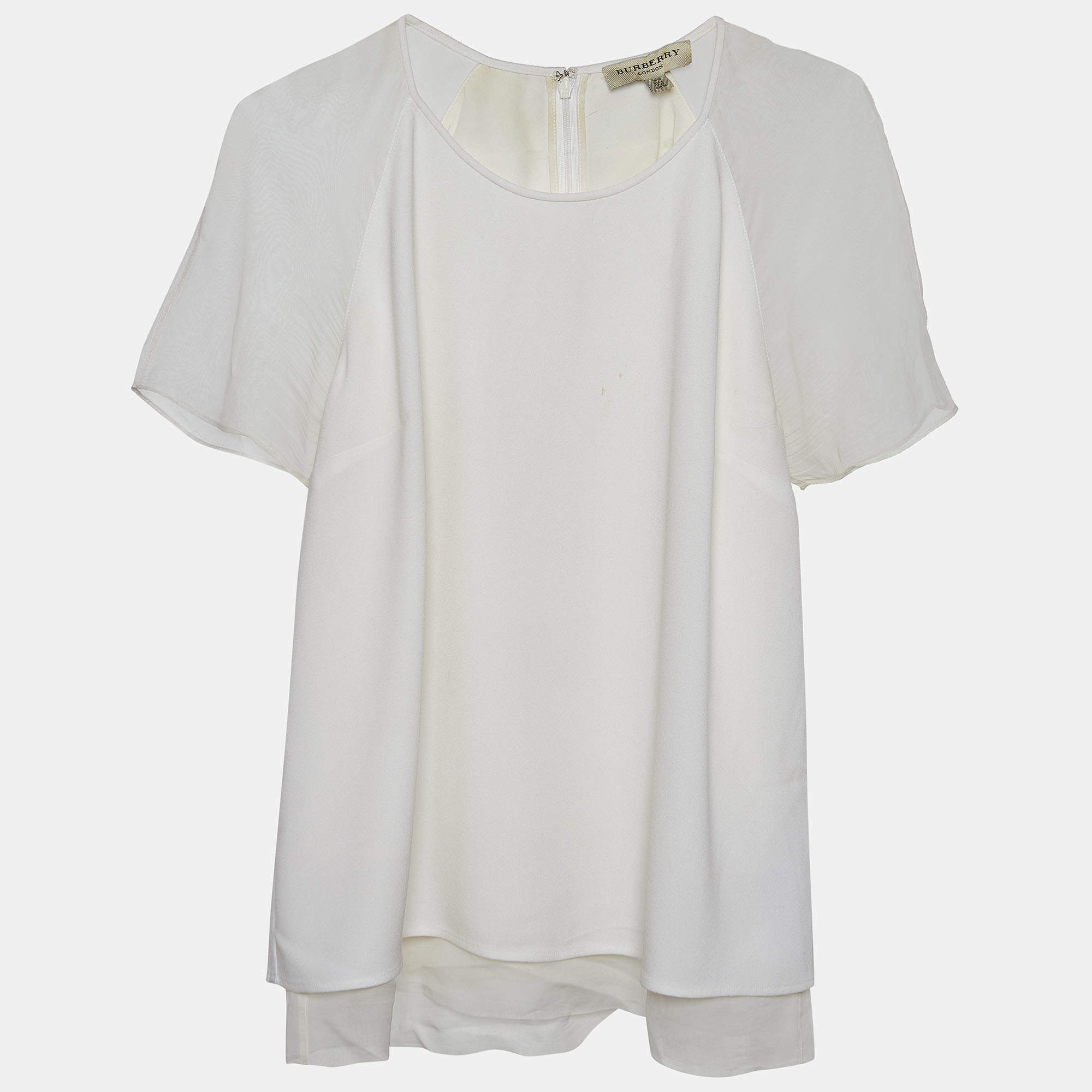 Pre Owned Burberry White Crepe Short Sleeve Top M