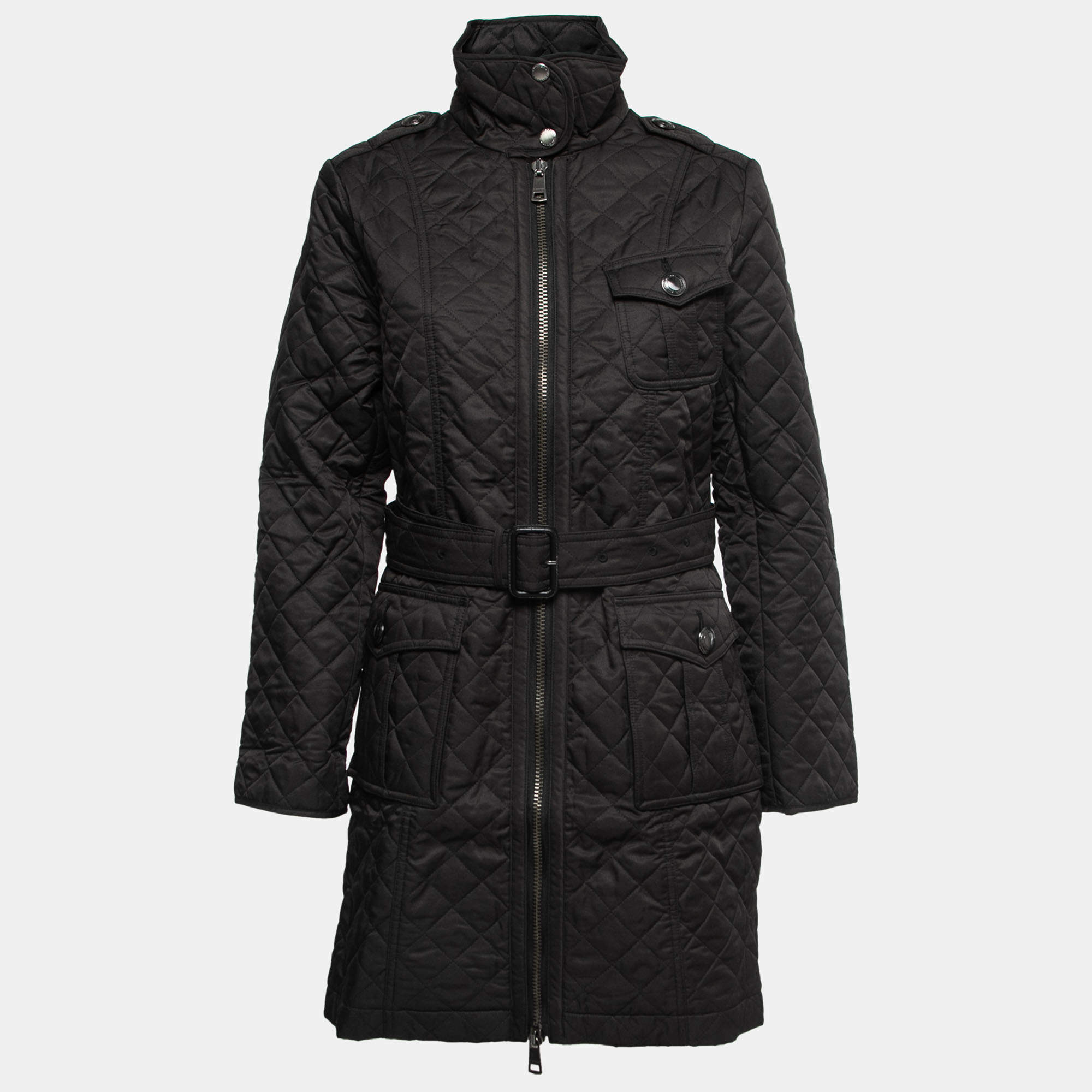 Pre Owned Burberry Black Synthetic Quilted Belted Jacket M