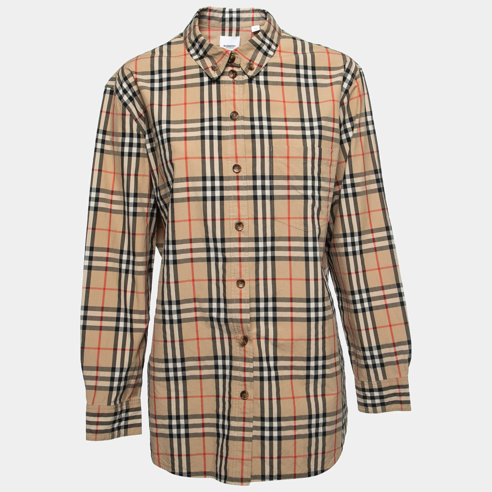 Pre Owned Burberry Beige Nova Check Patterned Cotton Pocketed Shirt L