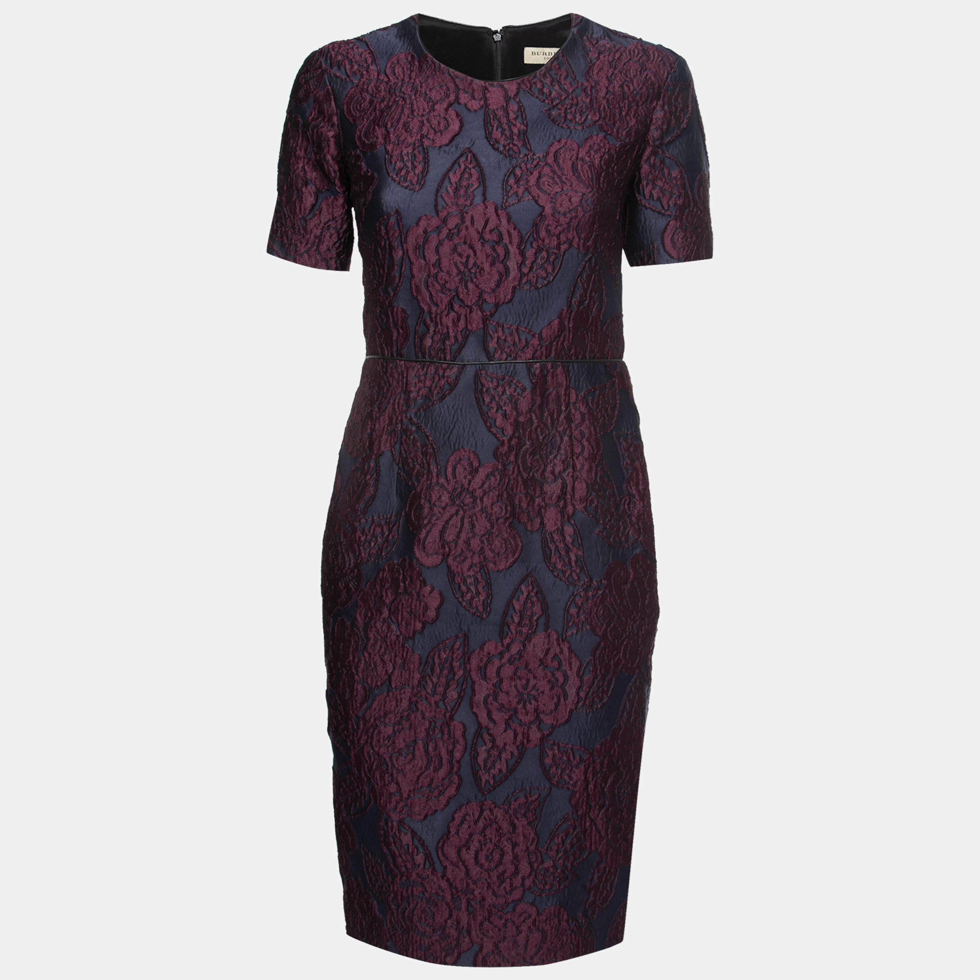 Pre Owned Burberry Deep Blue & Purple Floral Jacquard Sheath Dress S