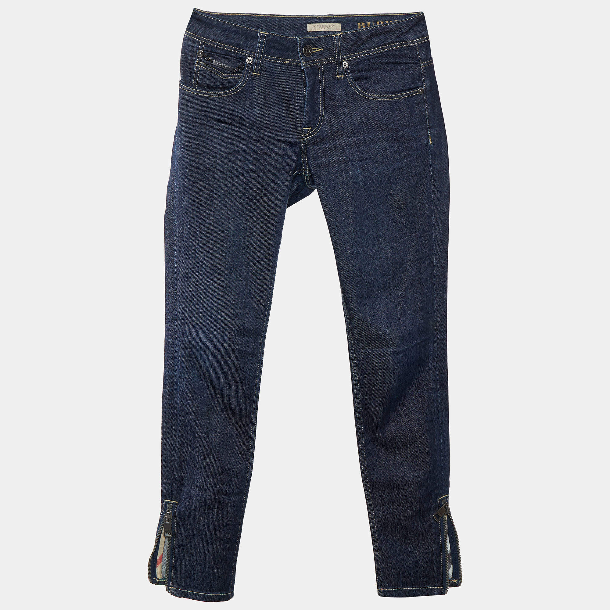 Pre Owned Burberry Navy Blue Denim Zipper Hem Detail Burrington Jeans S Waist 28"
