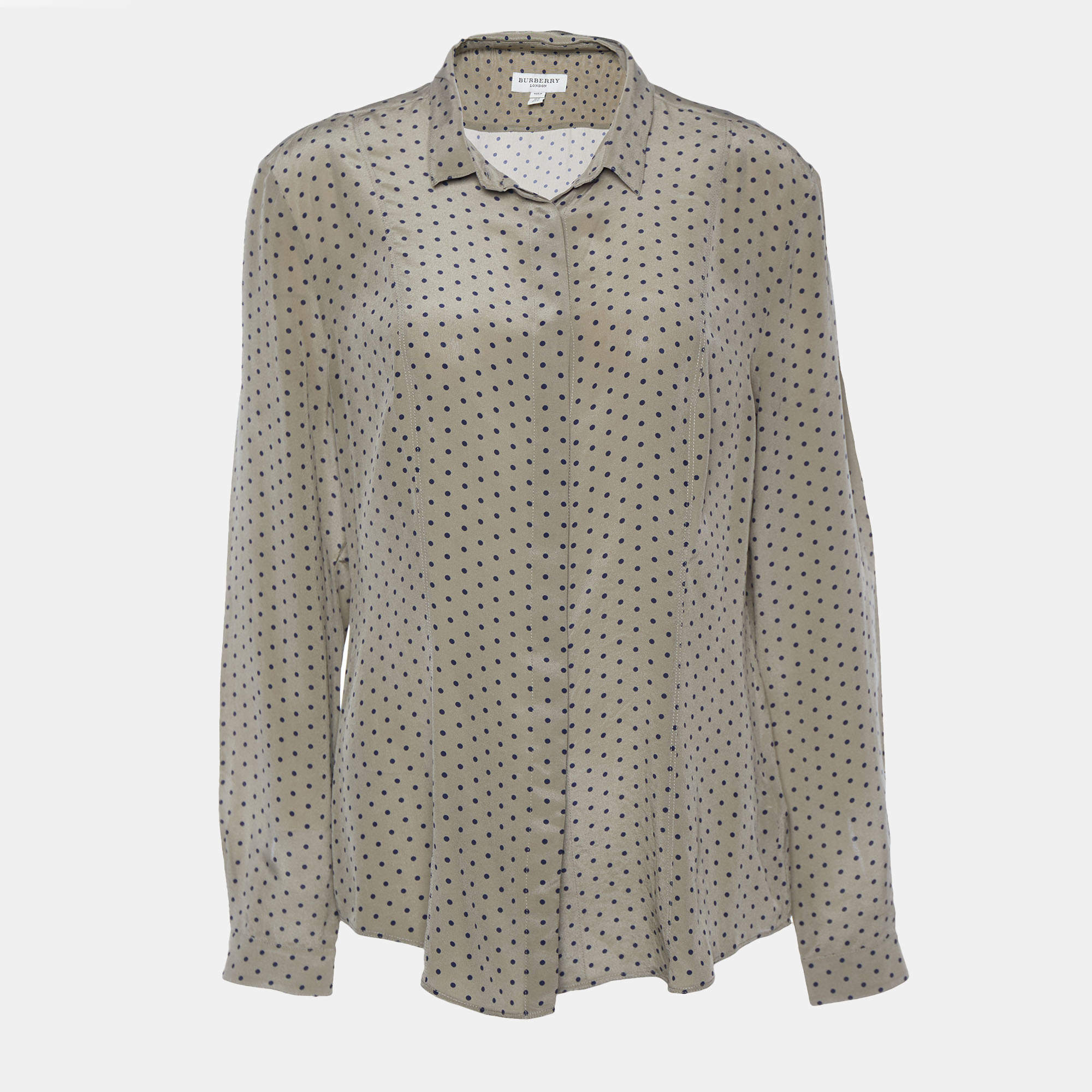 Burberry Khaki Green Polka Dot Silk Button Front Shirt L