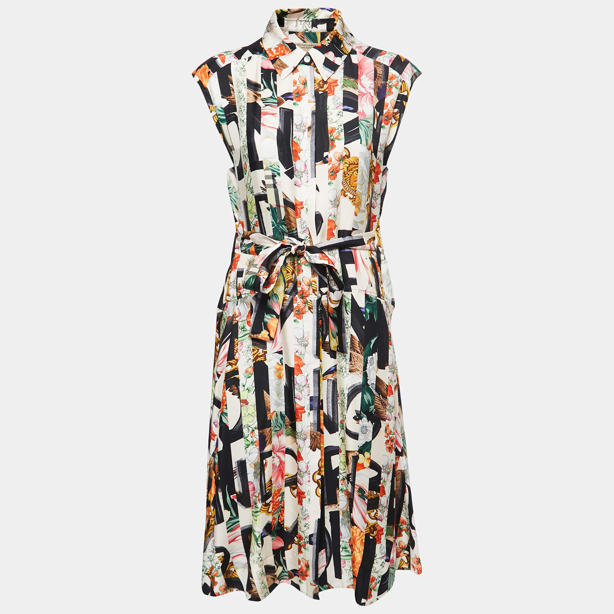 Pre Owned Burberry Multicolor Printed Silk Belted Midi Dress M