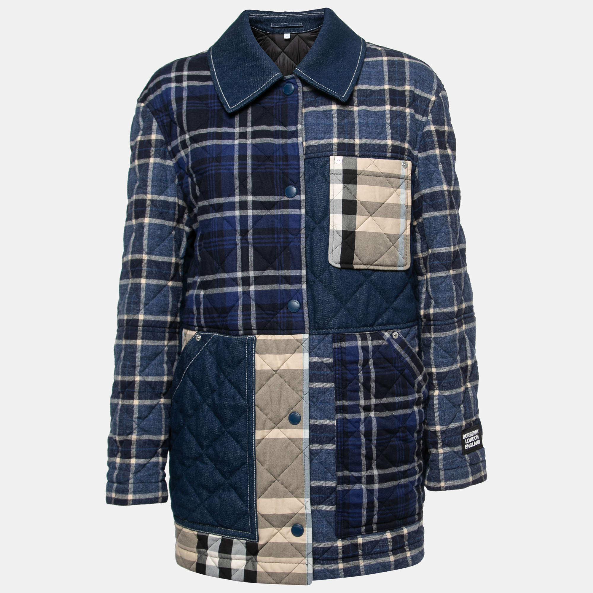 Pre Owned Burberry Blue Paneled Check Print Cotton Quilted Jacket M