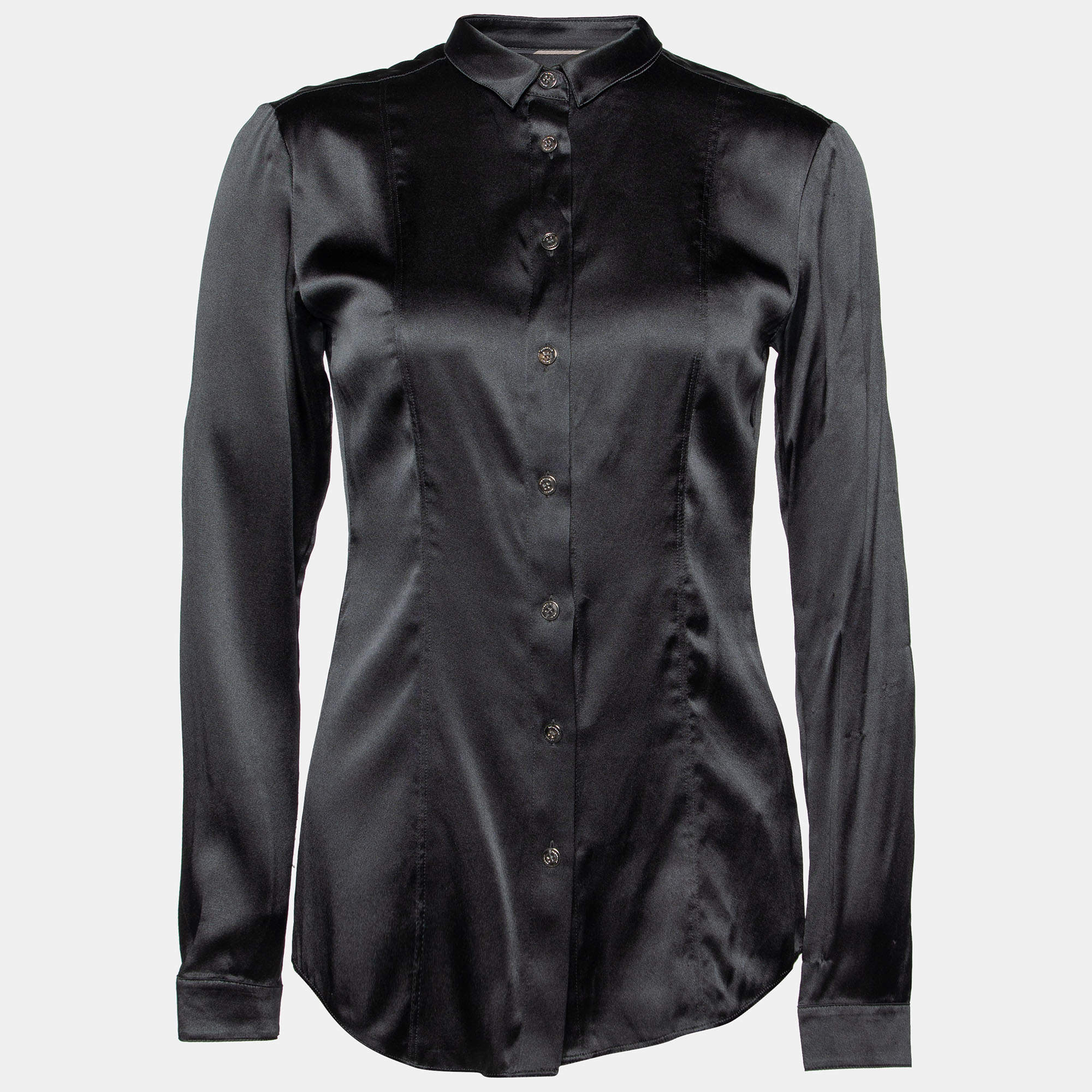 Pre Owned Burberry Black Silk Satin Button Front Shirt XS