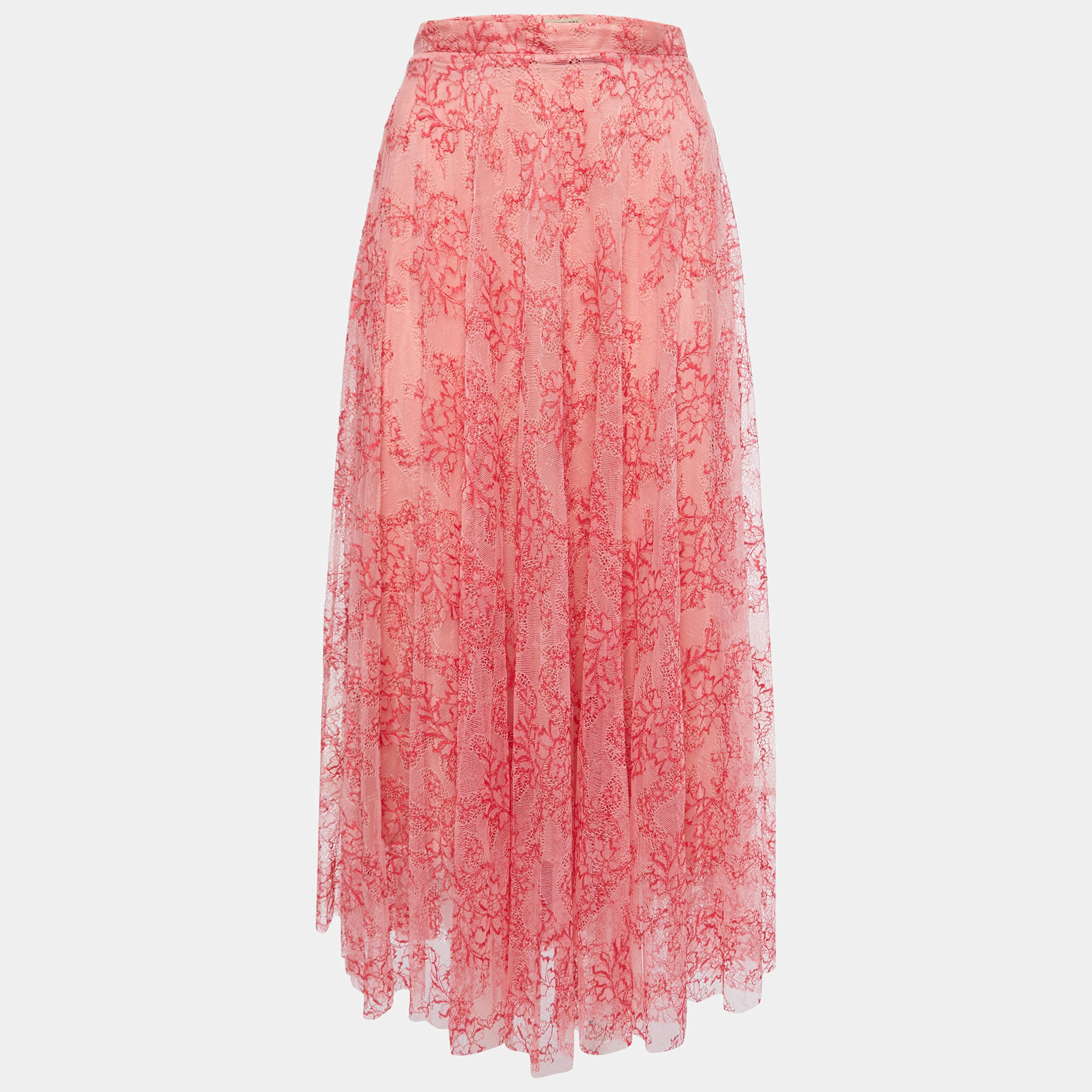 Pre Owned Burberry Pink Floral Lace A-Line Midi Skirt L