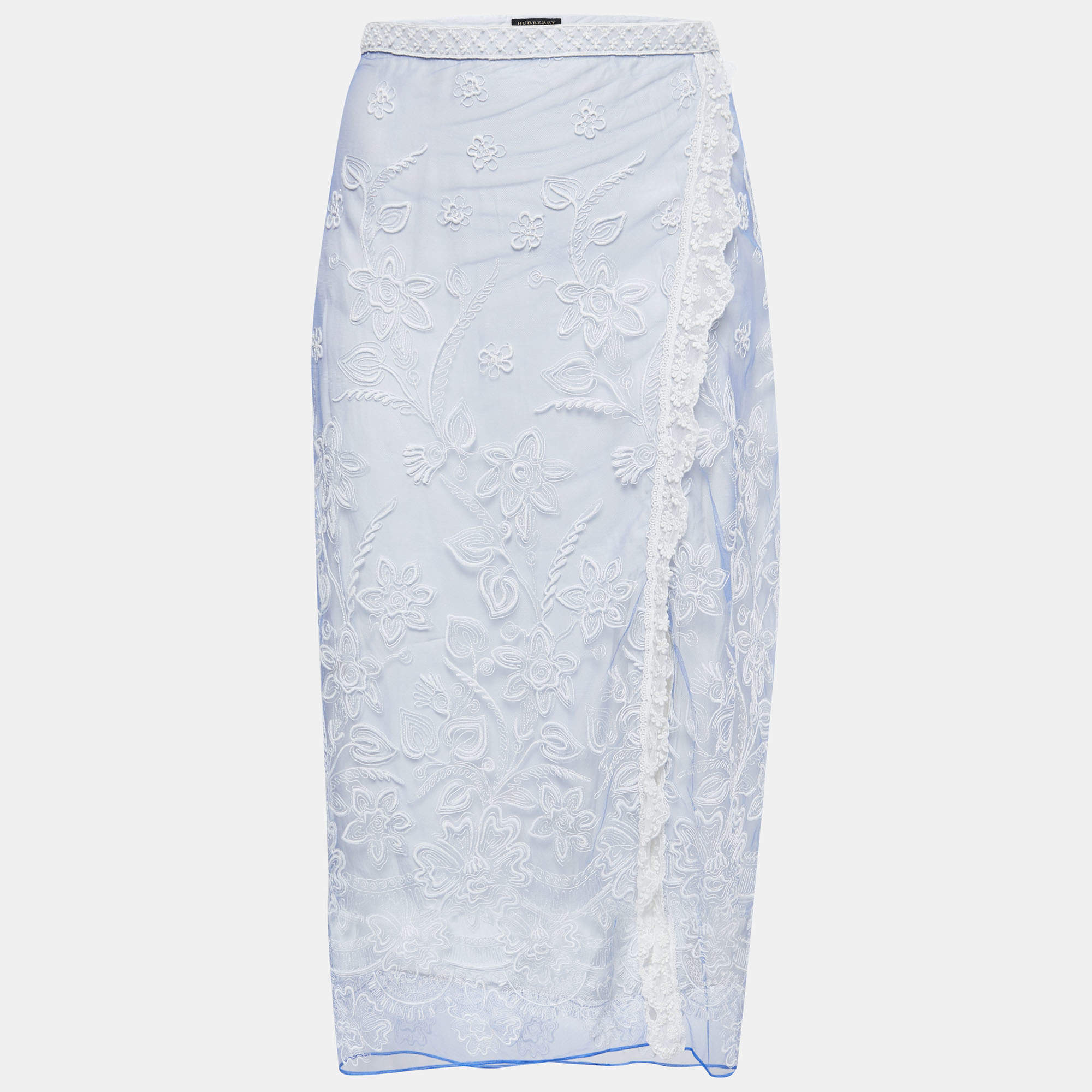 Pre Owned Burberry Blue Floral Embroidered Tulle Midi Skirt L