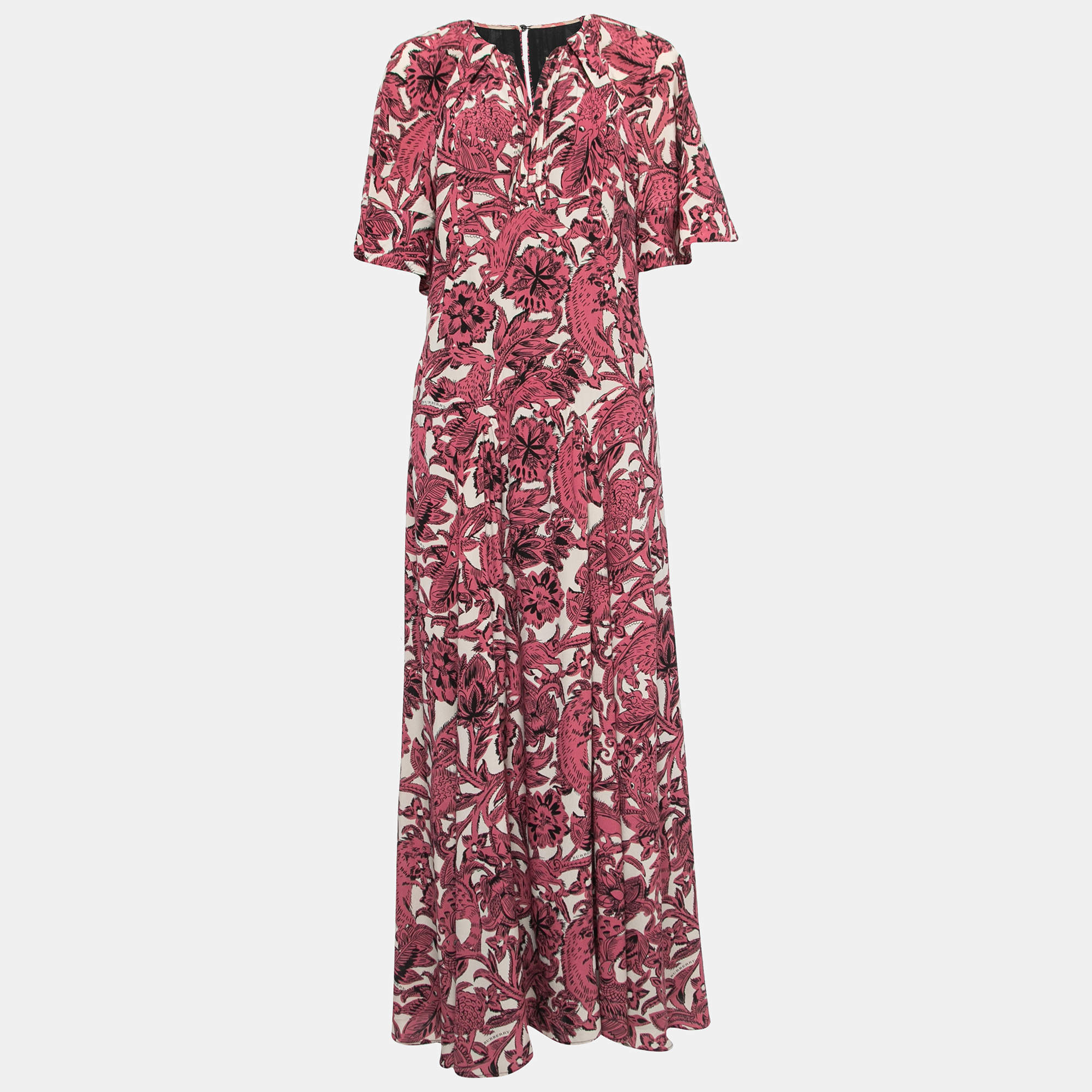 Pre Owned Burberry Pink Printed Silk V-Neck Long Dress M