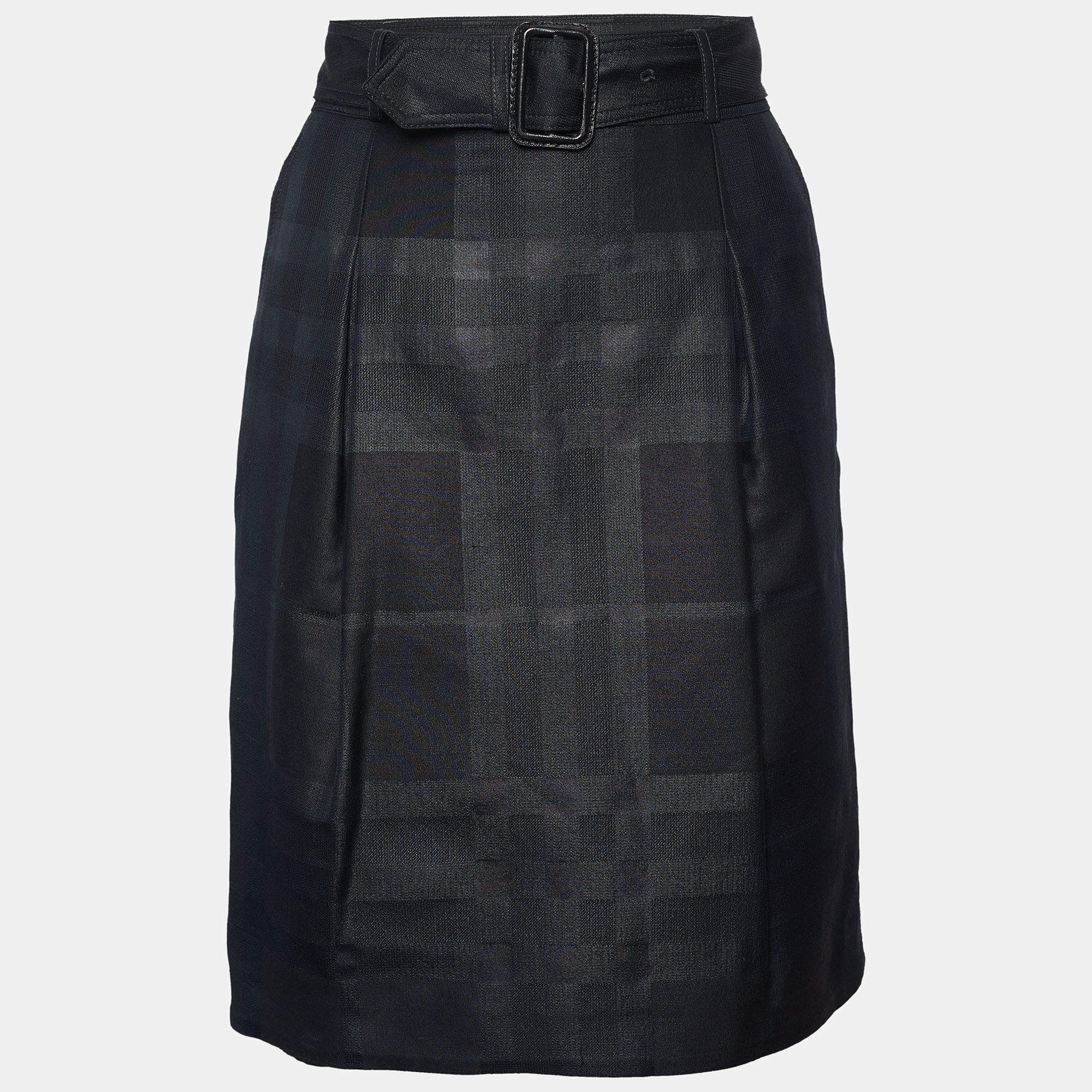 Burberry Charcoal Grey Checkered Wool Blend Belted Mini Skirt S