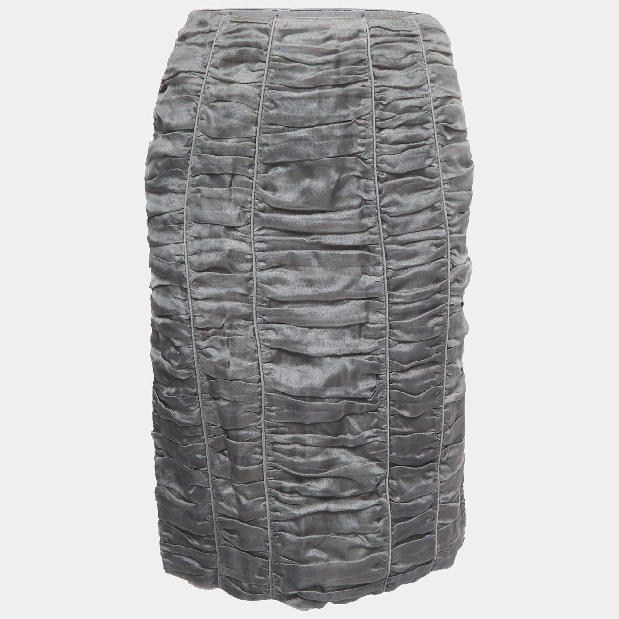 Pre Owned Burberry Grey Silk Ruched Knee Length Skirt S