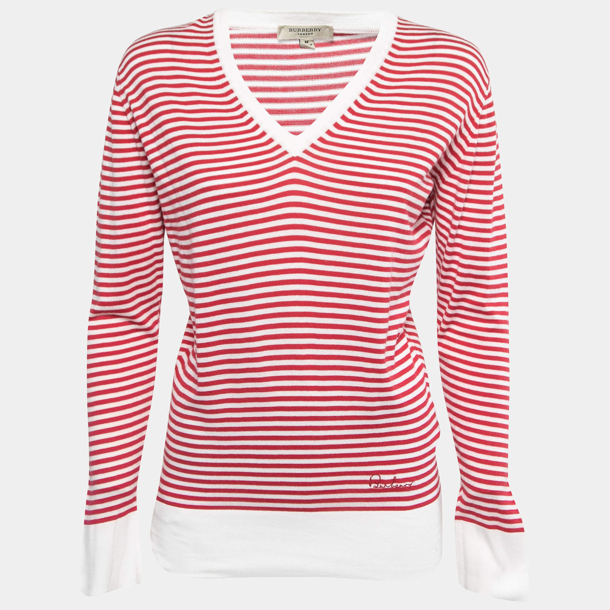 Pre Owned Burberry Red & White Striped Cotton Knit V-Neck Jumper M