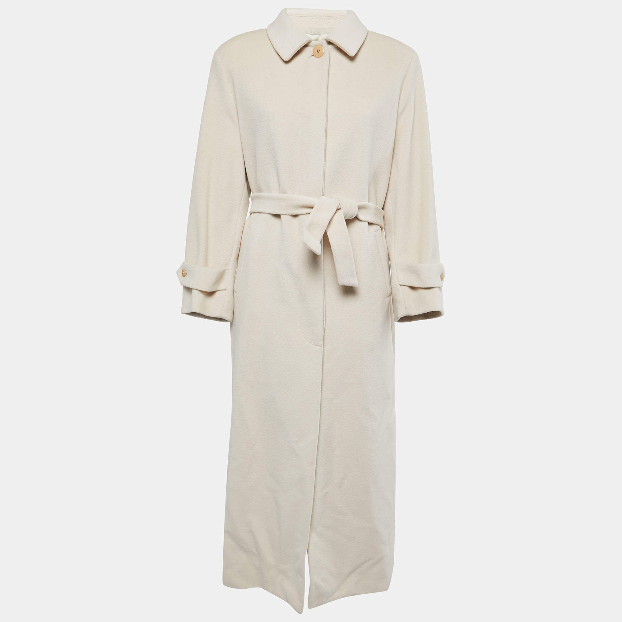 Pre Owned Burberry Cream Wool & Cotton Belted Long Coat M