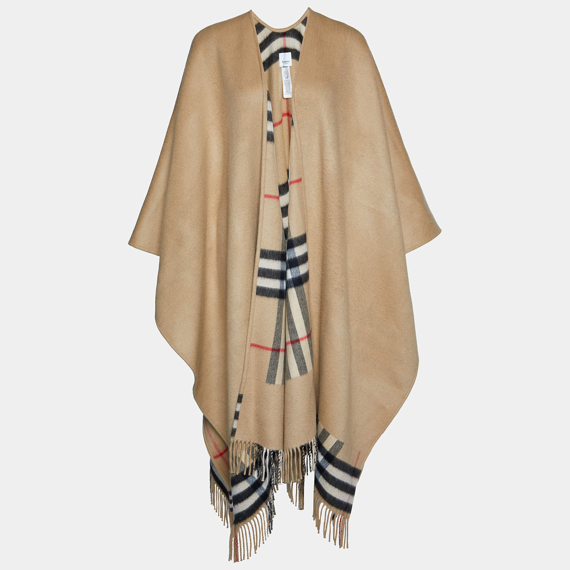 Burberry Beige Cashmere & Wool Fringed Long Poncho (One Size)
