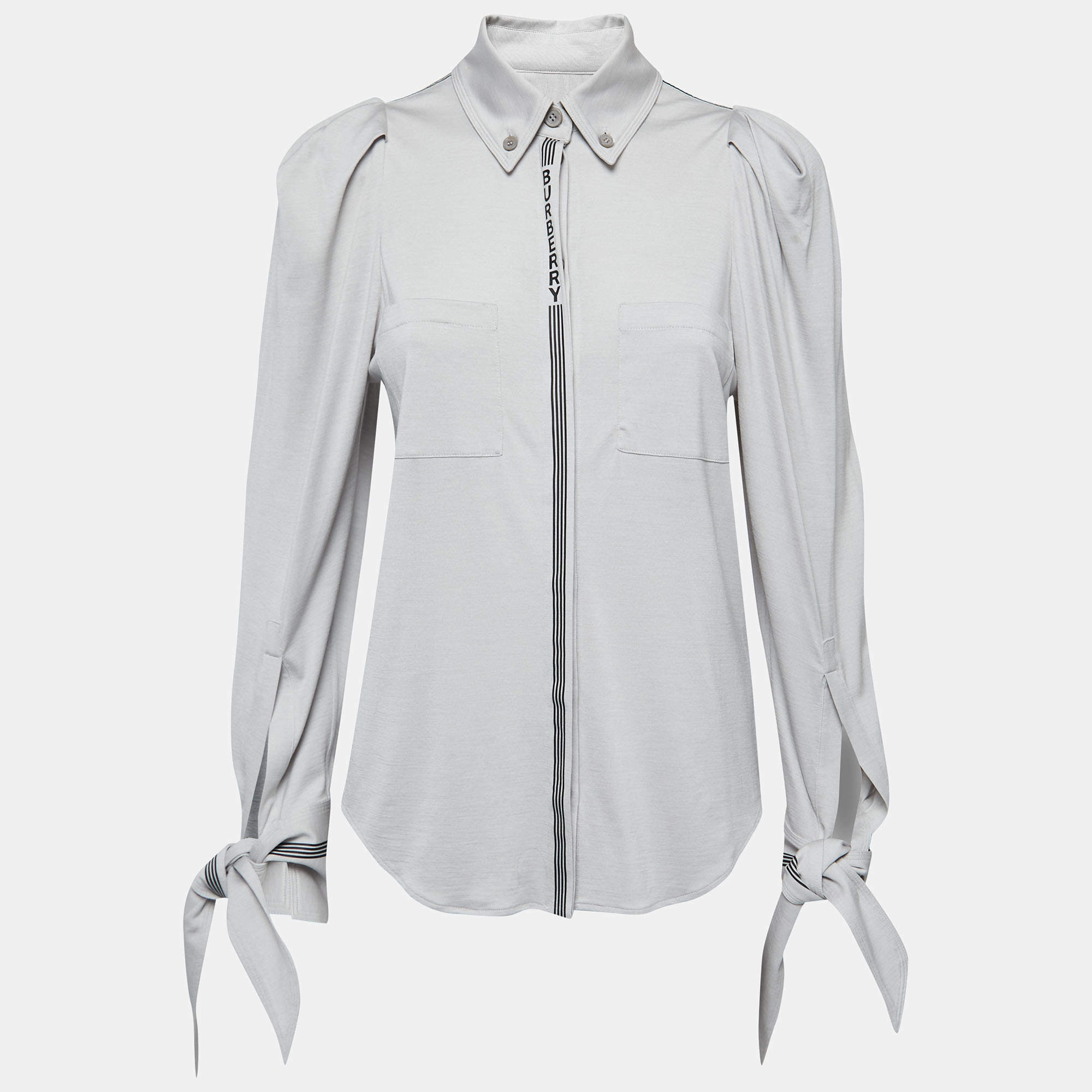 Pre Owned Burberry Grey Wool & Silk Jersey Striped Detail Button Front T-Shirt XS