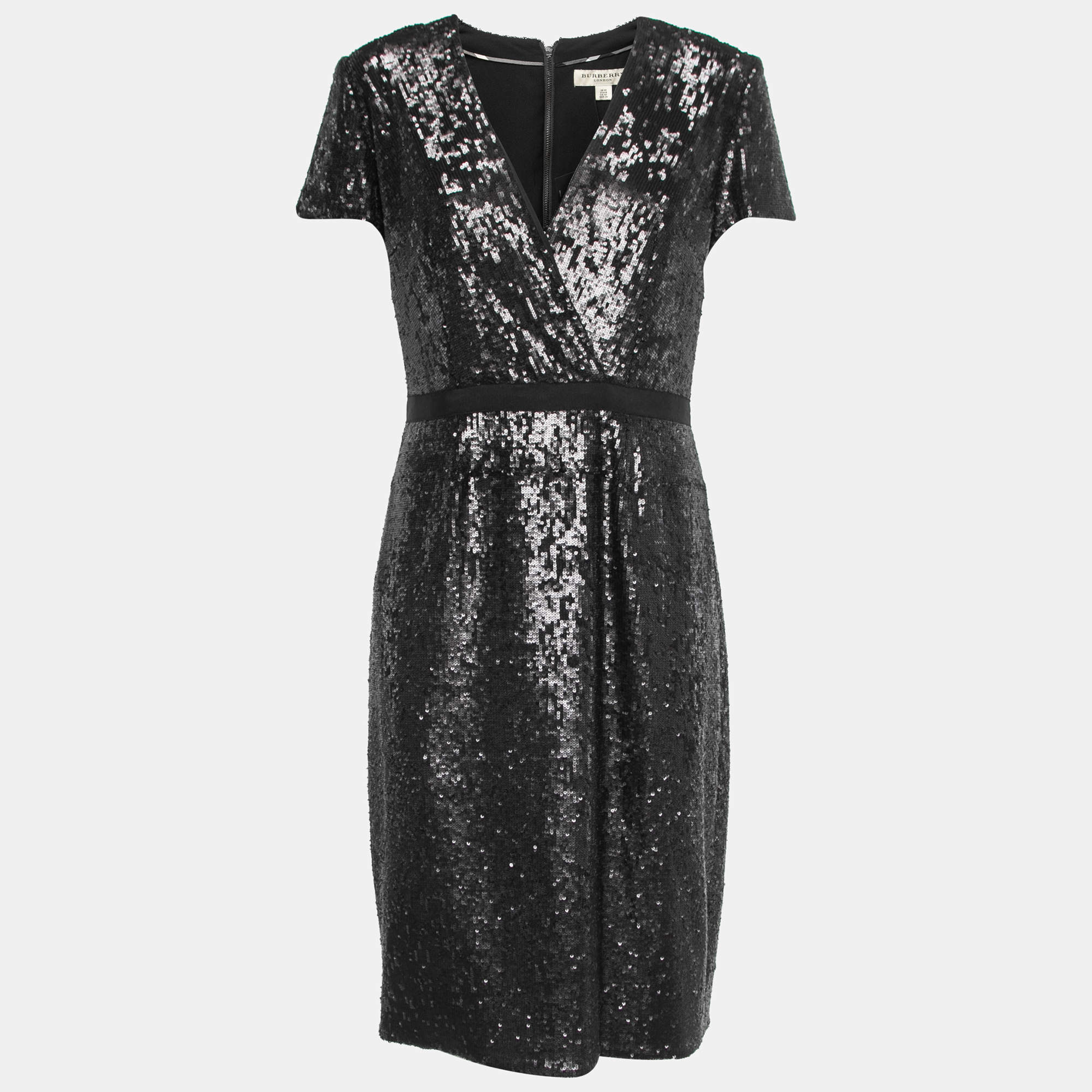 Pre Owned Burberry Black Sequin Embellished Crepe Flared Short Dress M