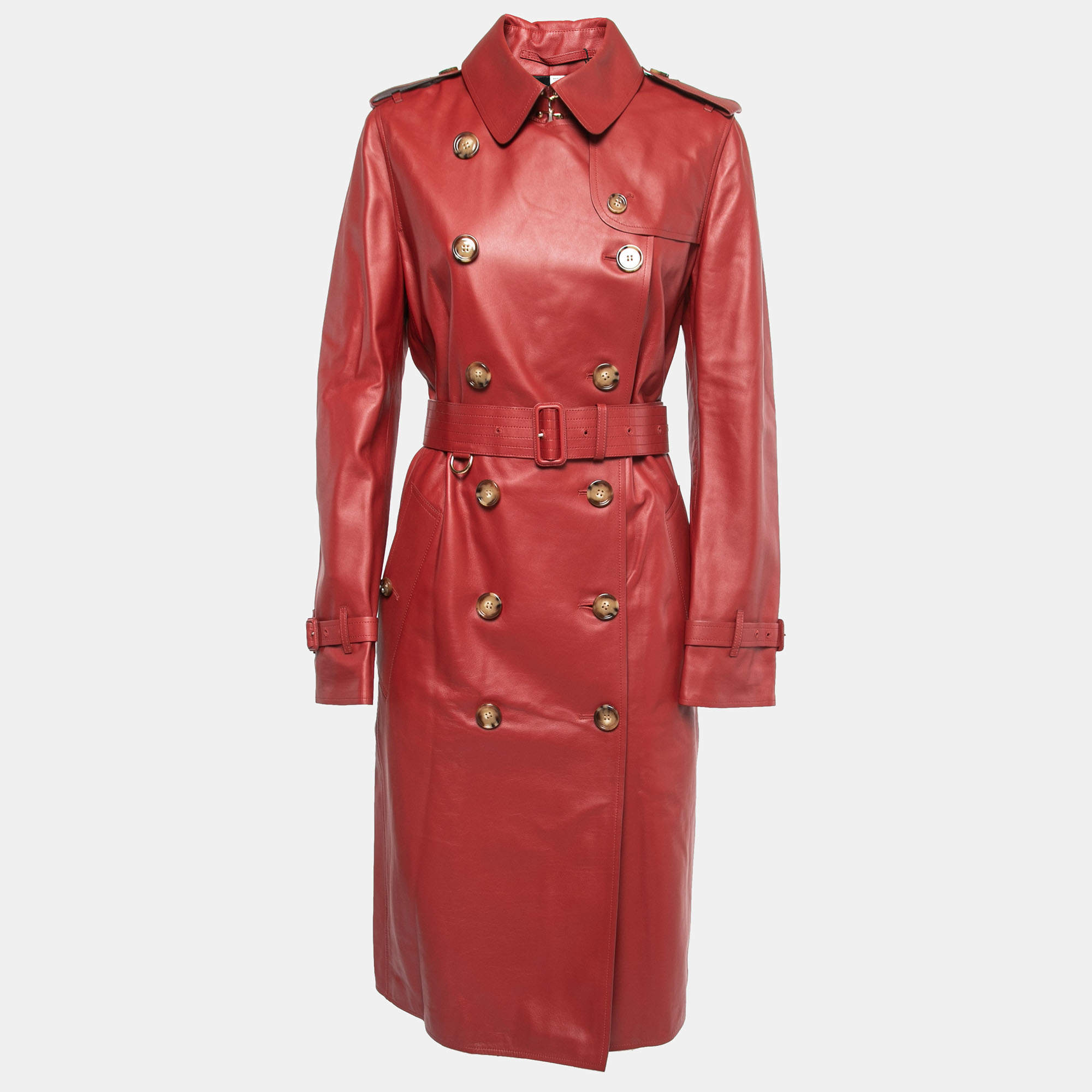 Pre Owned Burberry Red Leather Double Breasted Haddington Trench Coat S
