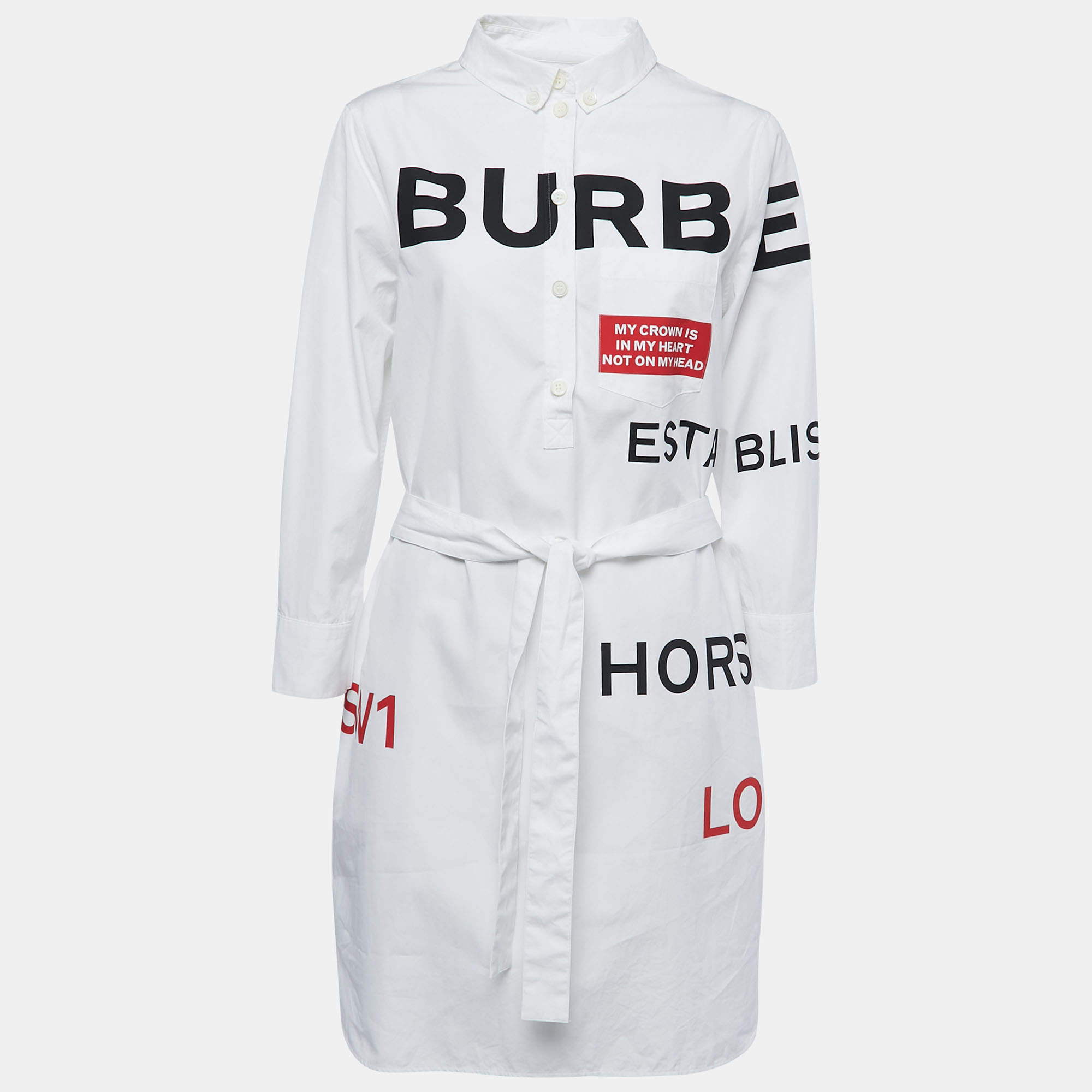 Pre Owned Burberry White Cotton Horseferry Print Mini Belted Shirt Dress L