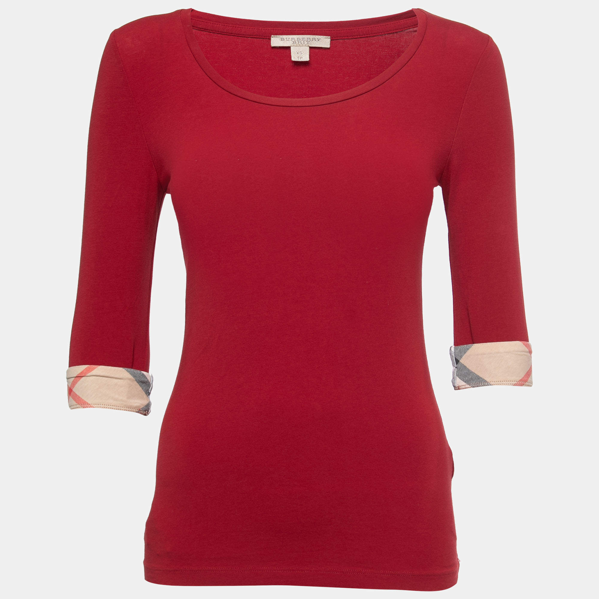 Burberry Brit Red Cotton Check Detail Crew Neck Long Sleeve T-Shirt XS