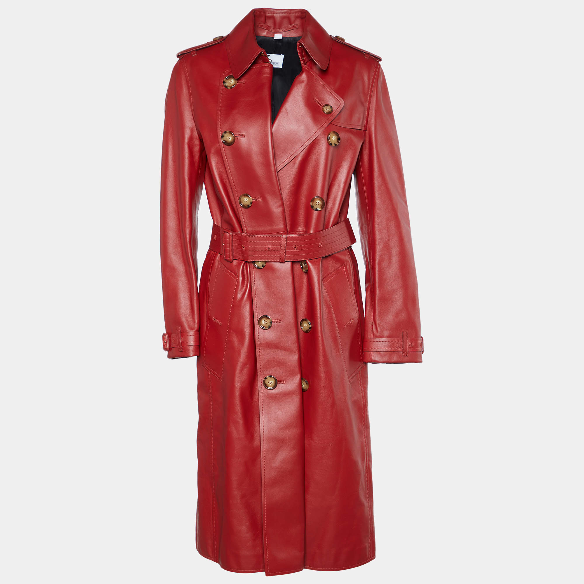 Pre Owned Burberry Burgundy Leather Belted Trench Coat S