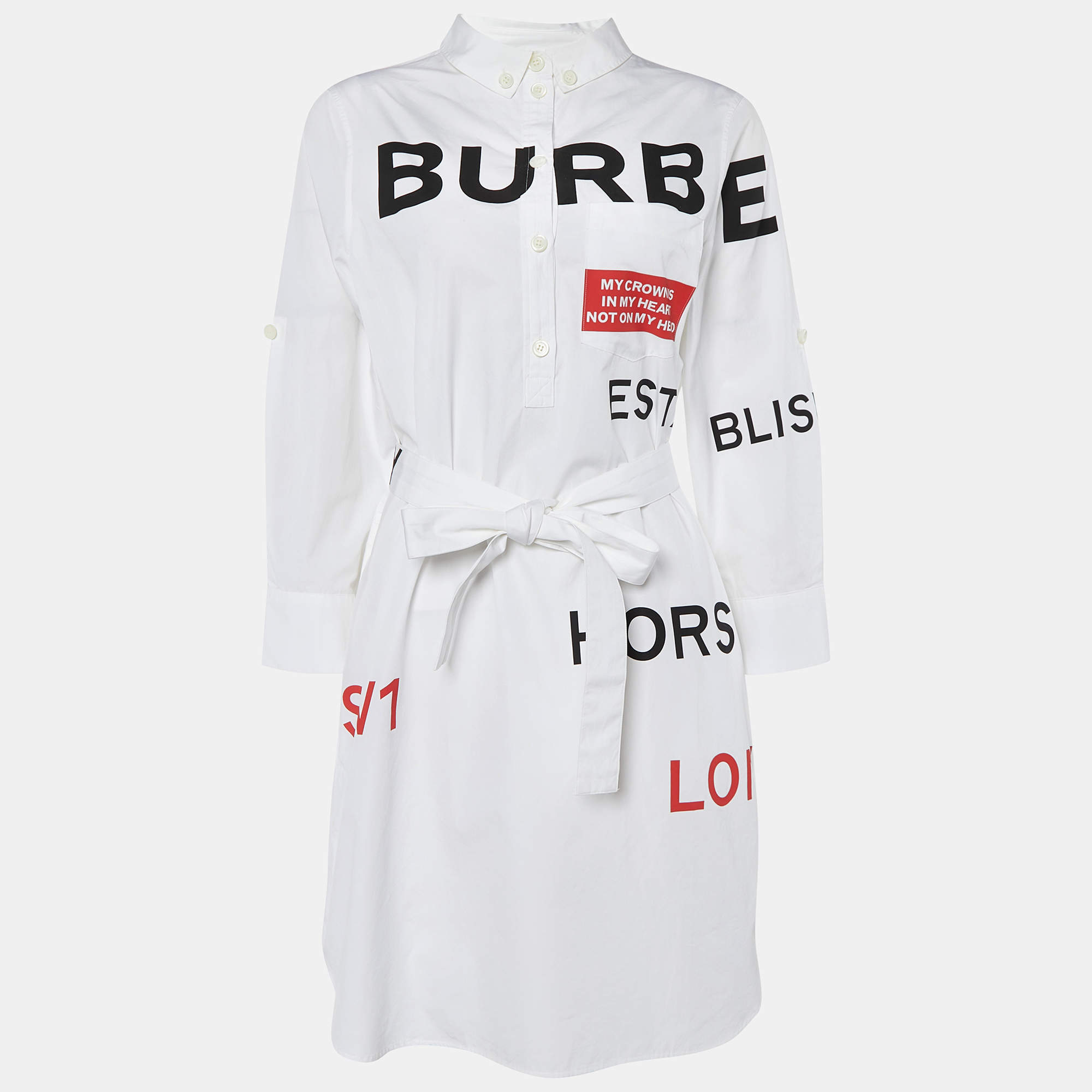 Pre Owned Burberry White Printed Cotton Belted Shirt Dress M