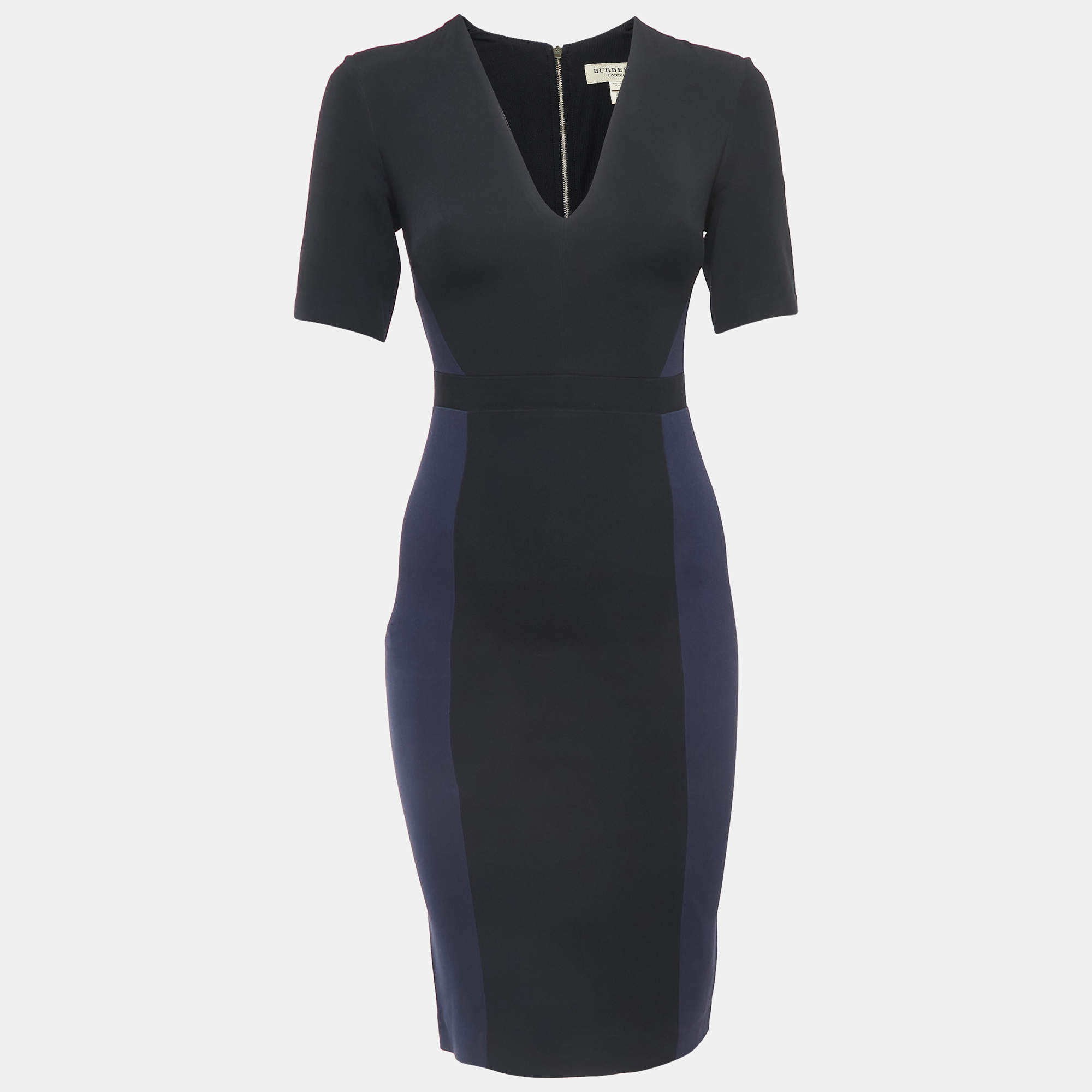 Pre Owned Burberry Black/Navy Blue Crepe V-Neck Short Dress XS