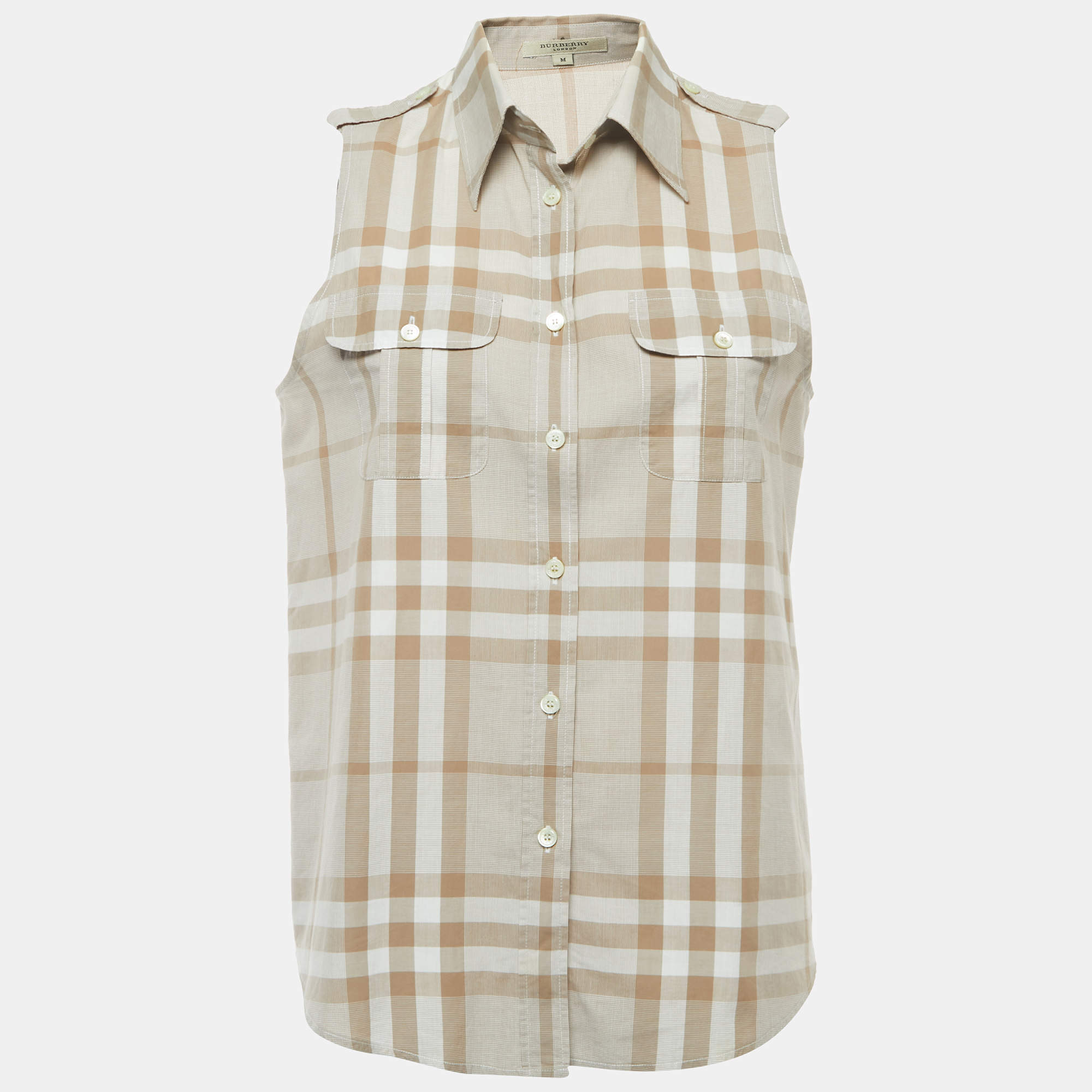 Pre Owned Burberry Brown Plaid Cotton Button Front Sleeveless Shirt M