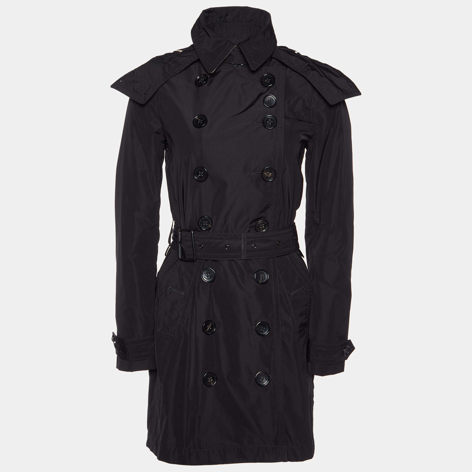 Burberry Black Polyester Belted Double Breasted Trench Coat XS