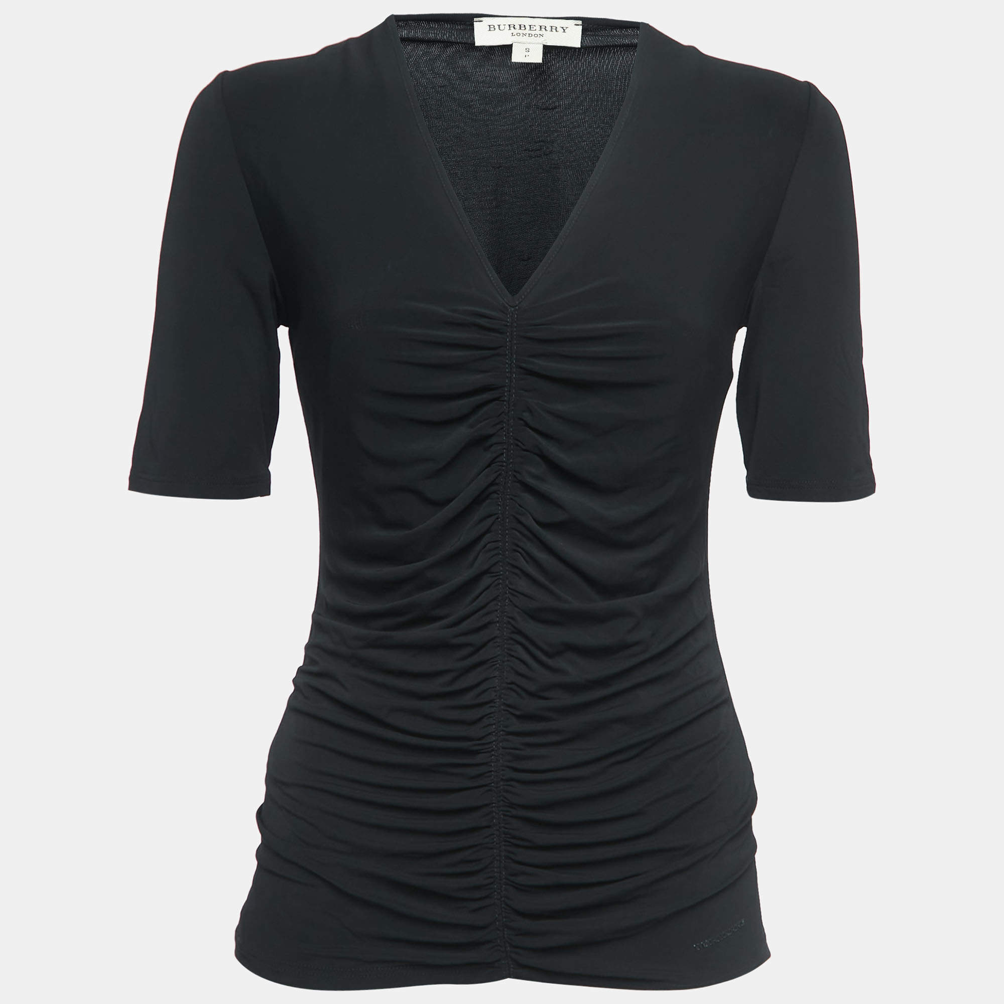مملوكة مسبقًا Burberry Black Jersey Knit Ruched V-Neck Top S