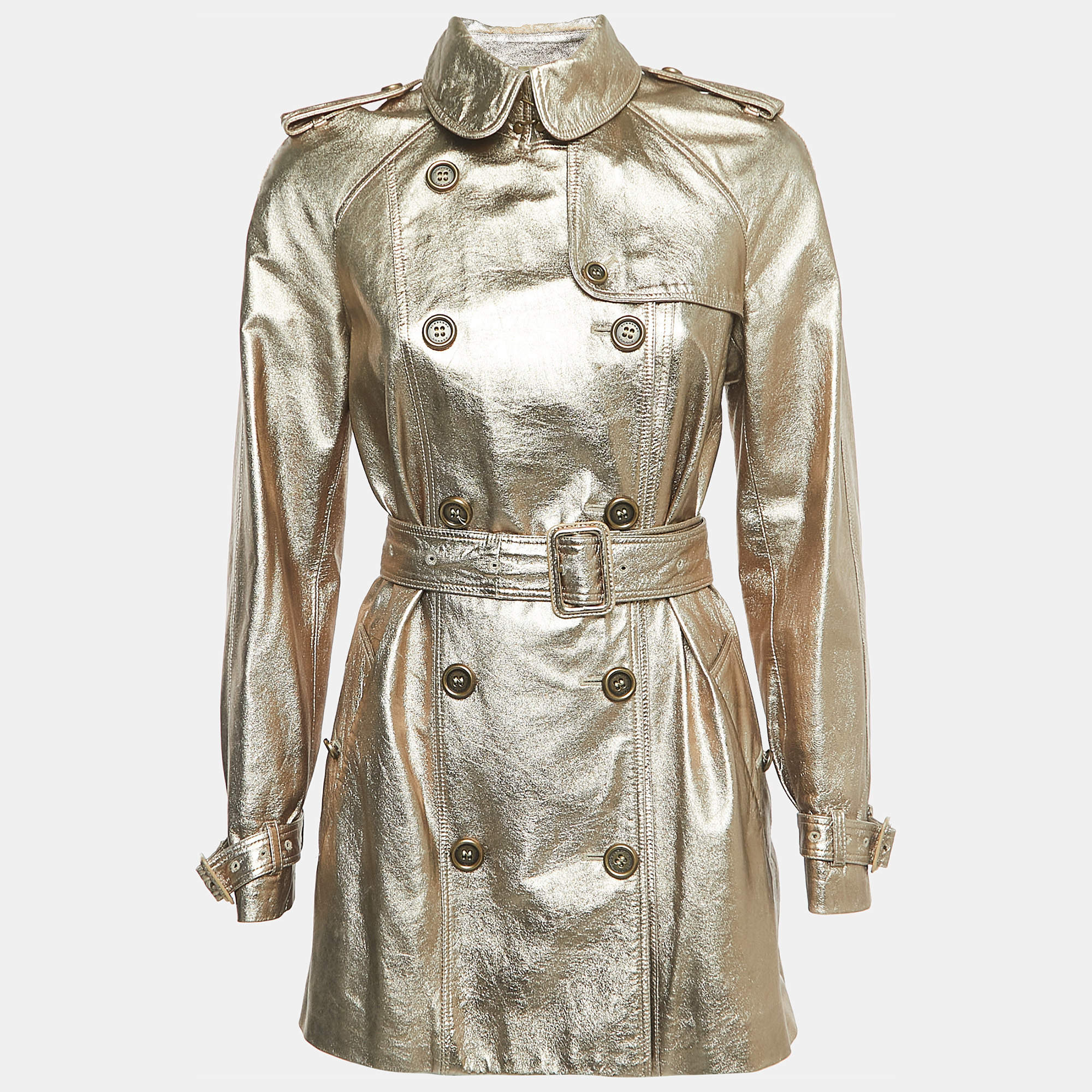 Pre Owned Burberry Gold Leather Double Breasted Coat S