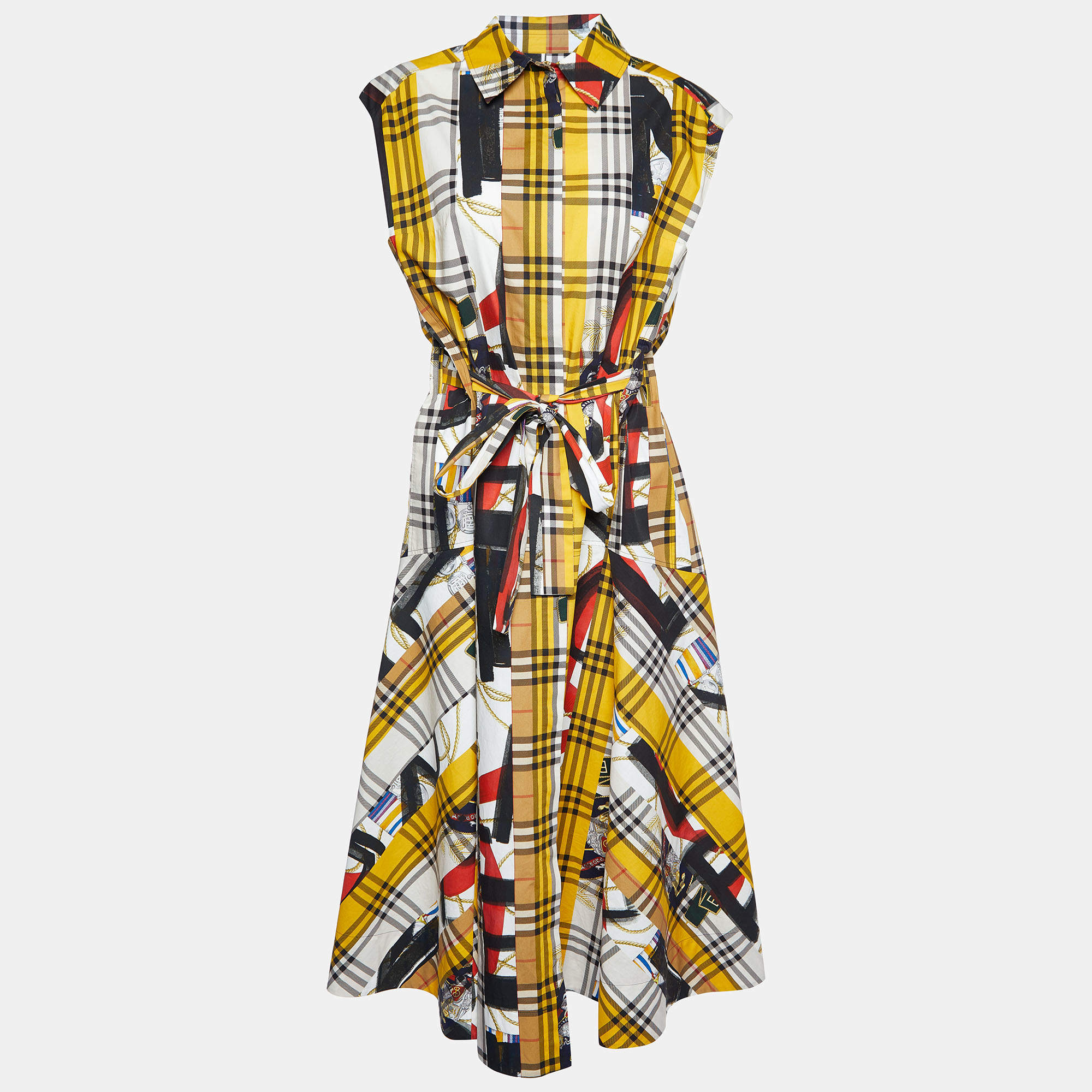 مملوكة مسبقًا Burberry Multicolor Printed Cotton Belted Sleeveless Midi Dress M